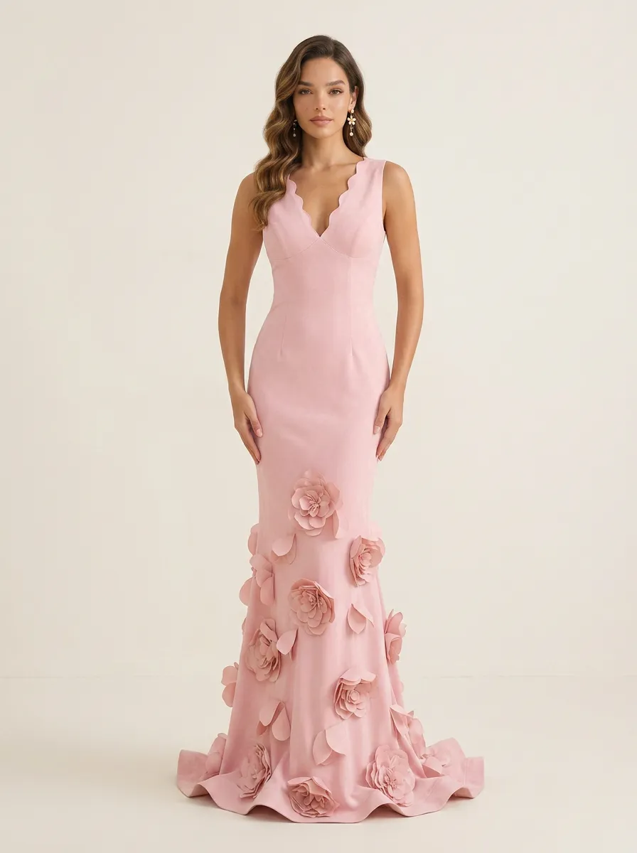 V-Neck Scalloped Mermaid Gown with 3D Floral Accents Evening Dresses