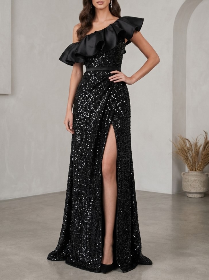 One Shoulder Satin Ruffle Black Sequin Mermaid Evening Gown with High Slit