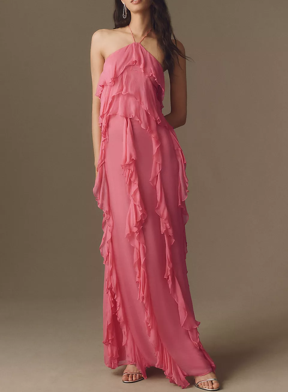 Pink Tiered Ruffle Chiffon A-Line Maxi Dress for Summer