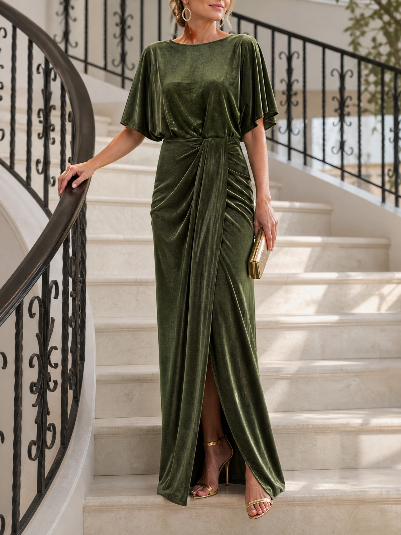 Olive Green Velvet Dolman Sleeve Wrap Maxi Formal Evening Gown