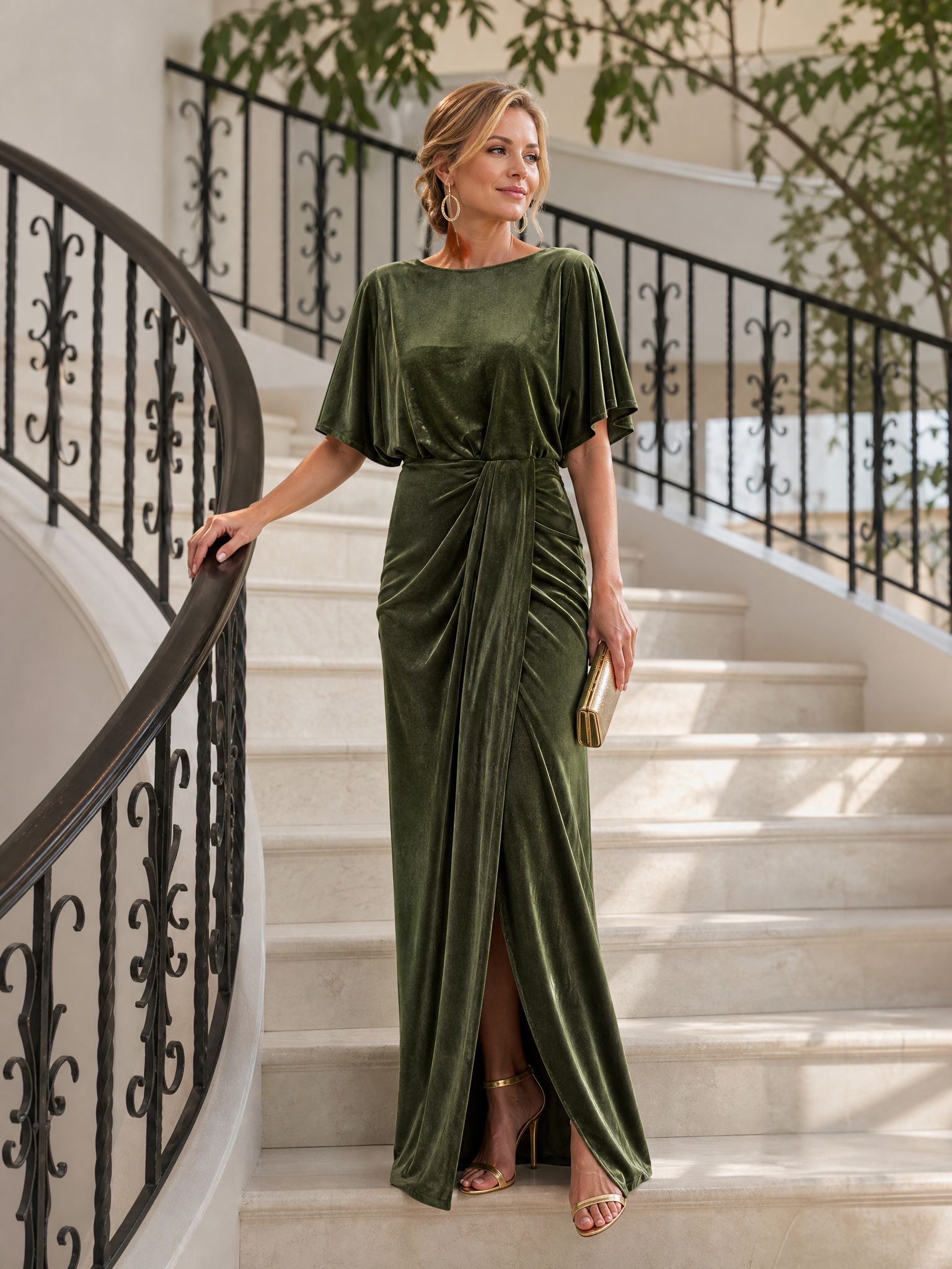 Olive Green Velvet Dolman Sleeve Wrap Maxi Formal Evening Gown