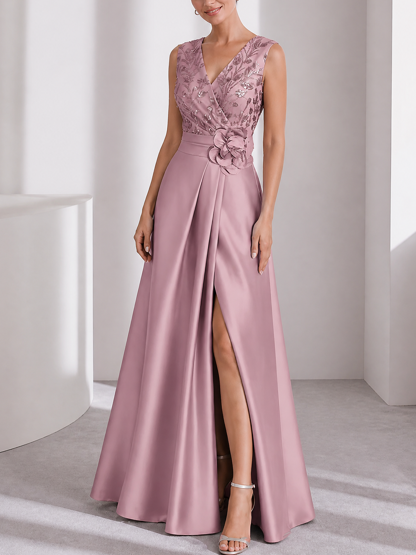 Dusty Rose Satin Formal Gown | Sequin V-Neck Sleeveless Evening Dress With 3D Floral Waist & Side Slit
