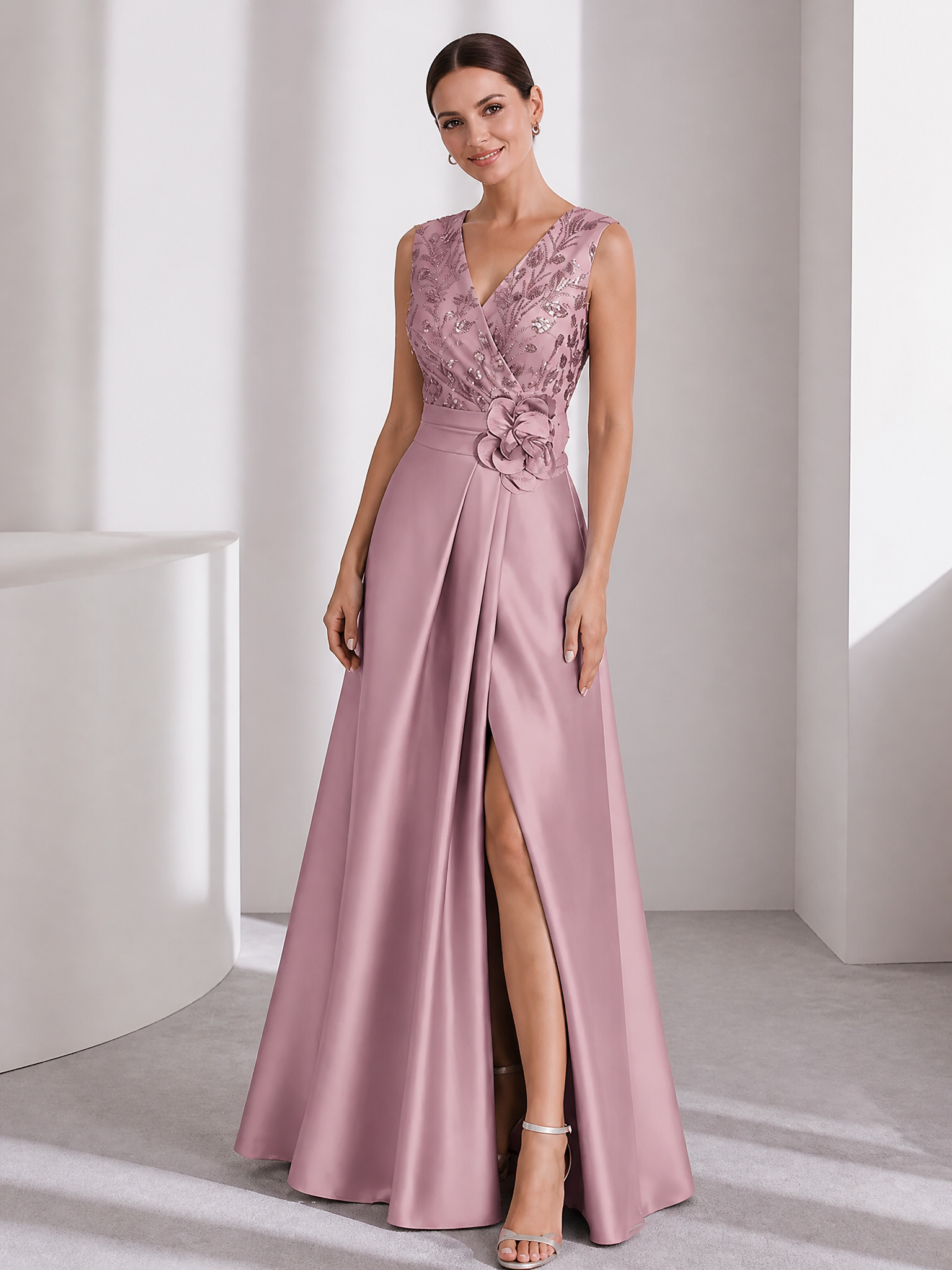 Dusty Rose Satin Formal Gown | Sequin V-Neck Sleeveless Evening Dress With 3D Floral Waist & Side Slit