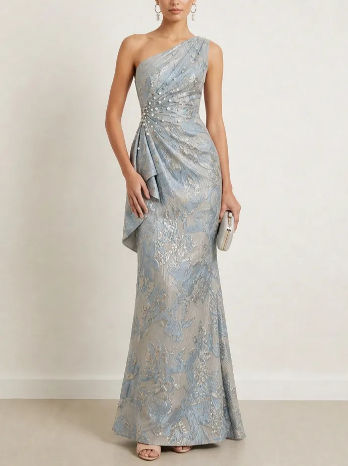 One-Shoulder Floral Jacquard Gown with Pearl Waist Detailing Evening Dresses