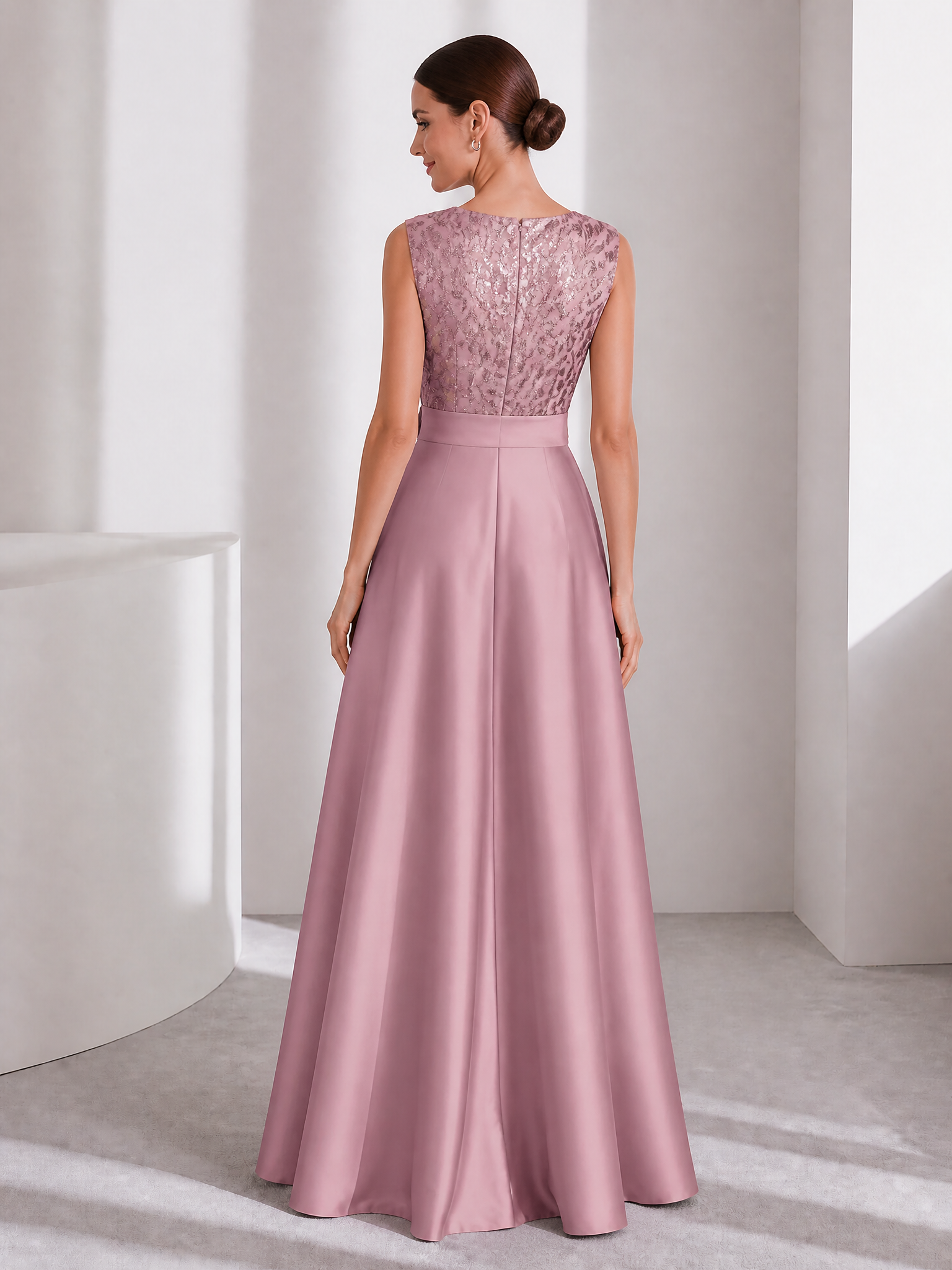Dusty Rose Satin Formal Gown | Sequin V-Neck Sleeveless Evening Dress With 3D Floral Waist & Side Slit