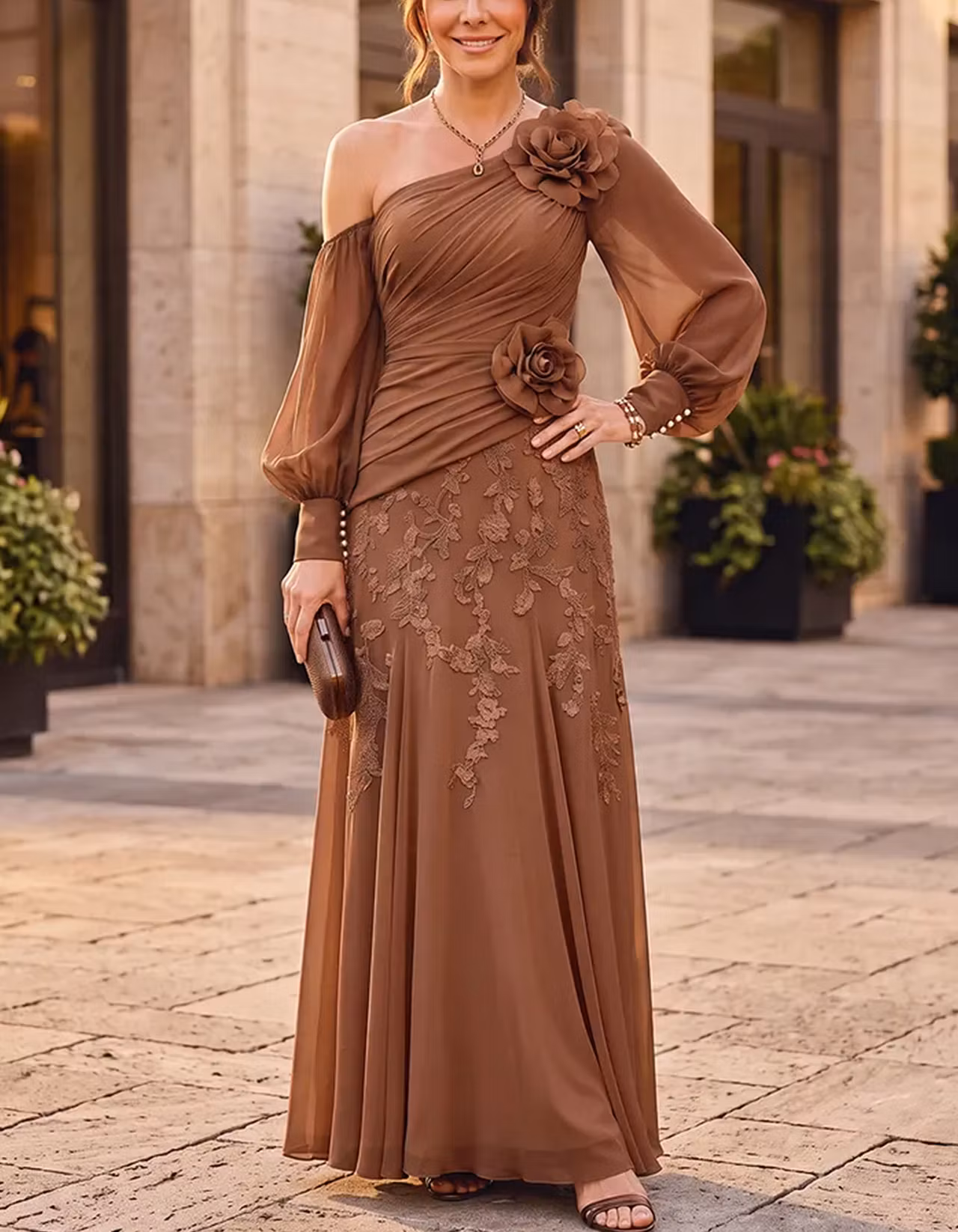 Chiffon One Shoulder Asymmetrical Puff Long Sleeve 3D Floral Maxi Dress