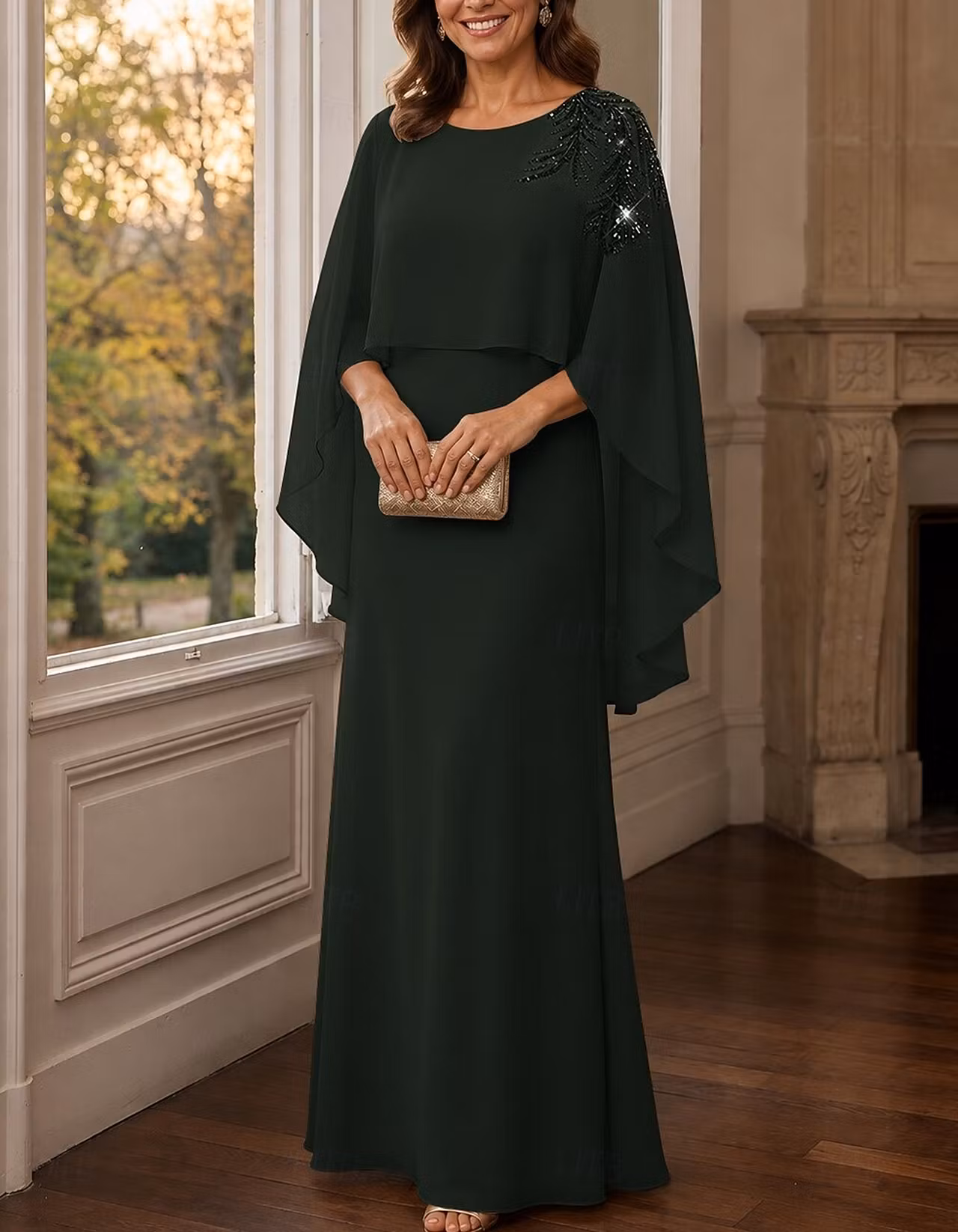 Chiffon Round Neck Cape Overlay Sleeve Maxi Dress