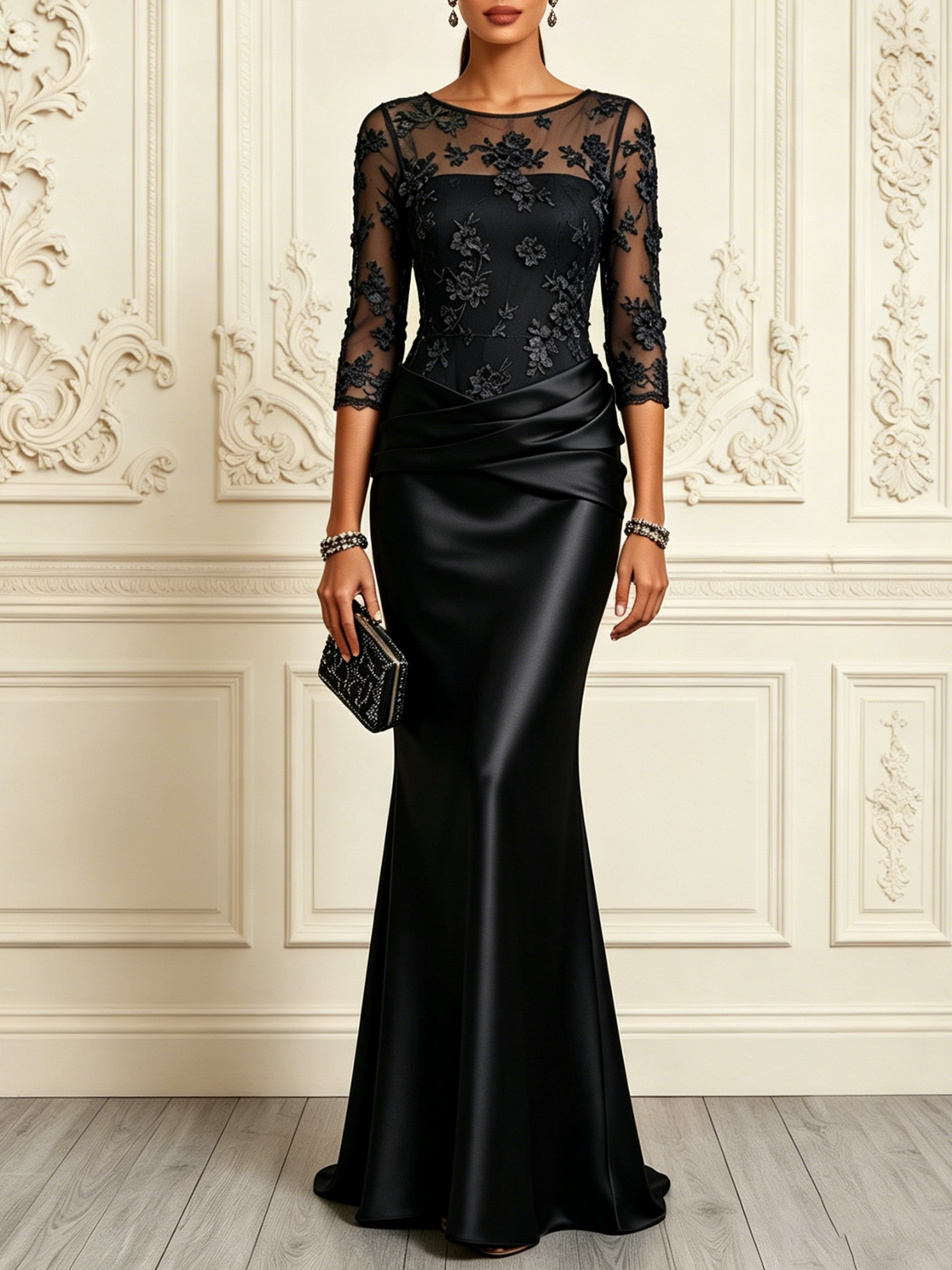 Purplish Blue 3D Floral Ruched Satin Crew Neck Half Sleeve Mermaid Floor-length Gown Dress