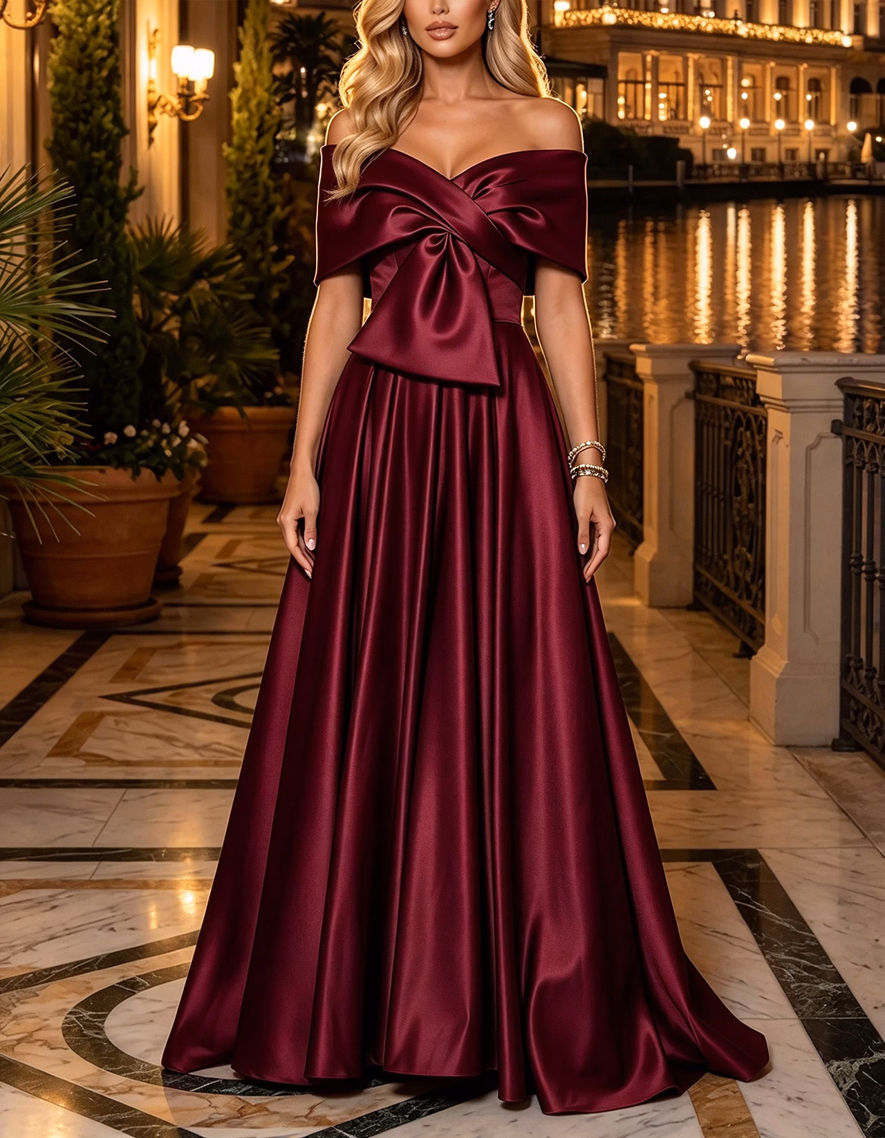 Green Off-the-Shoulder Oversized Bow Satin A-Line Maxi Dress
