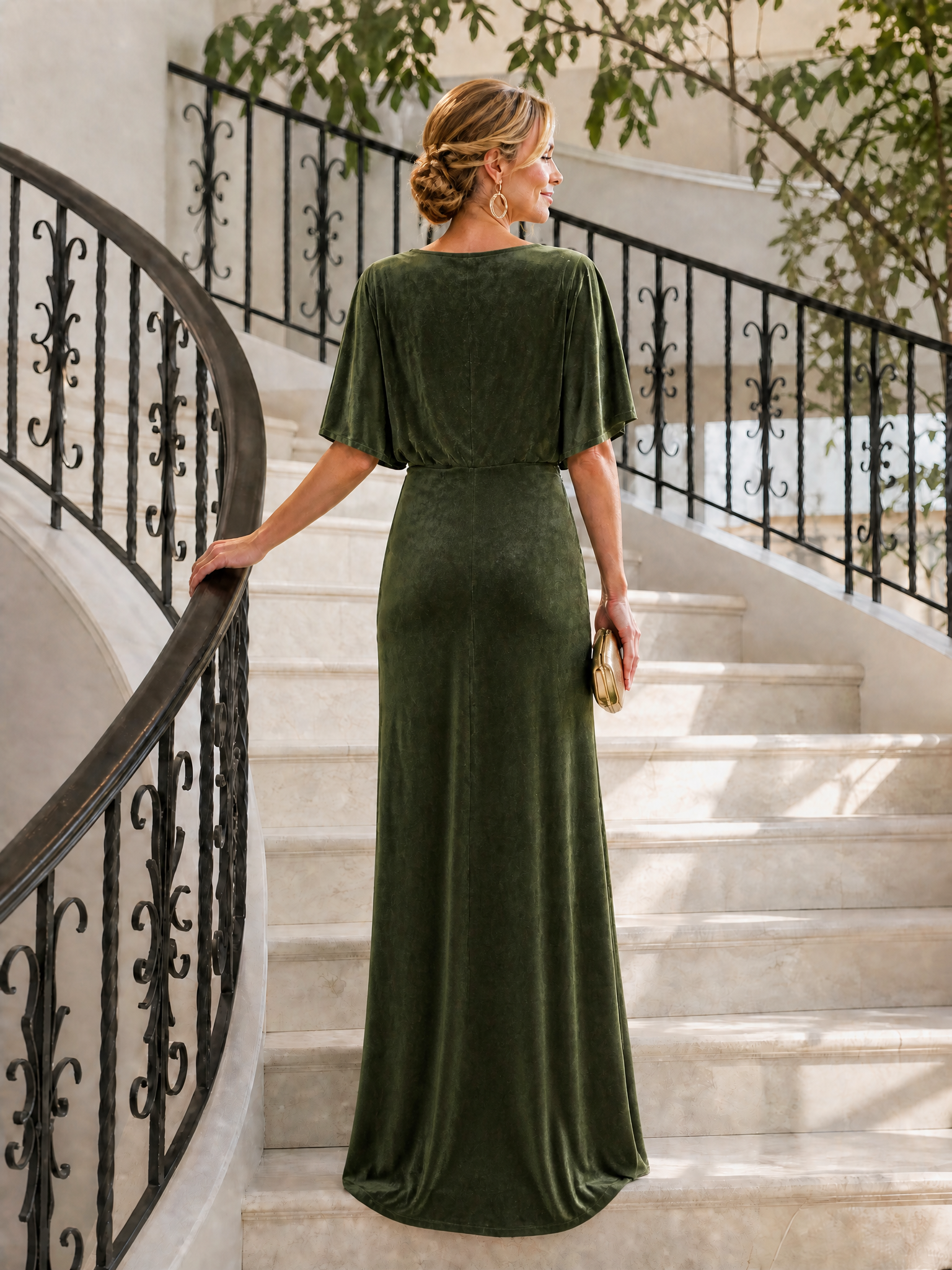 Olive Green Velvet Dolman Sleeve Wrap Maxi Formal Evening Gown