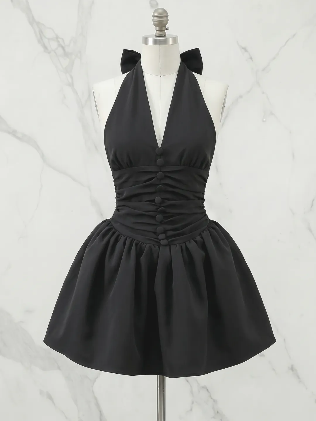 Black Halter V-Neck Ruched Homecoming Dress with Statement Bow Back