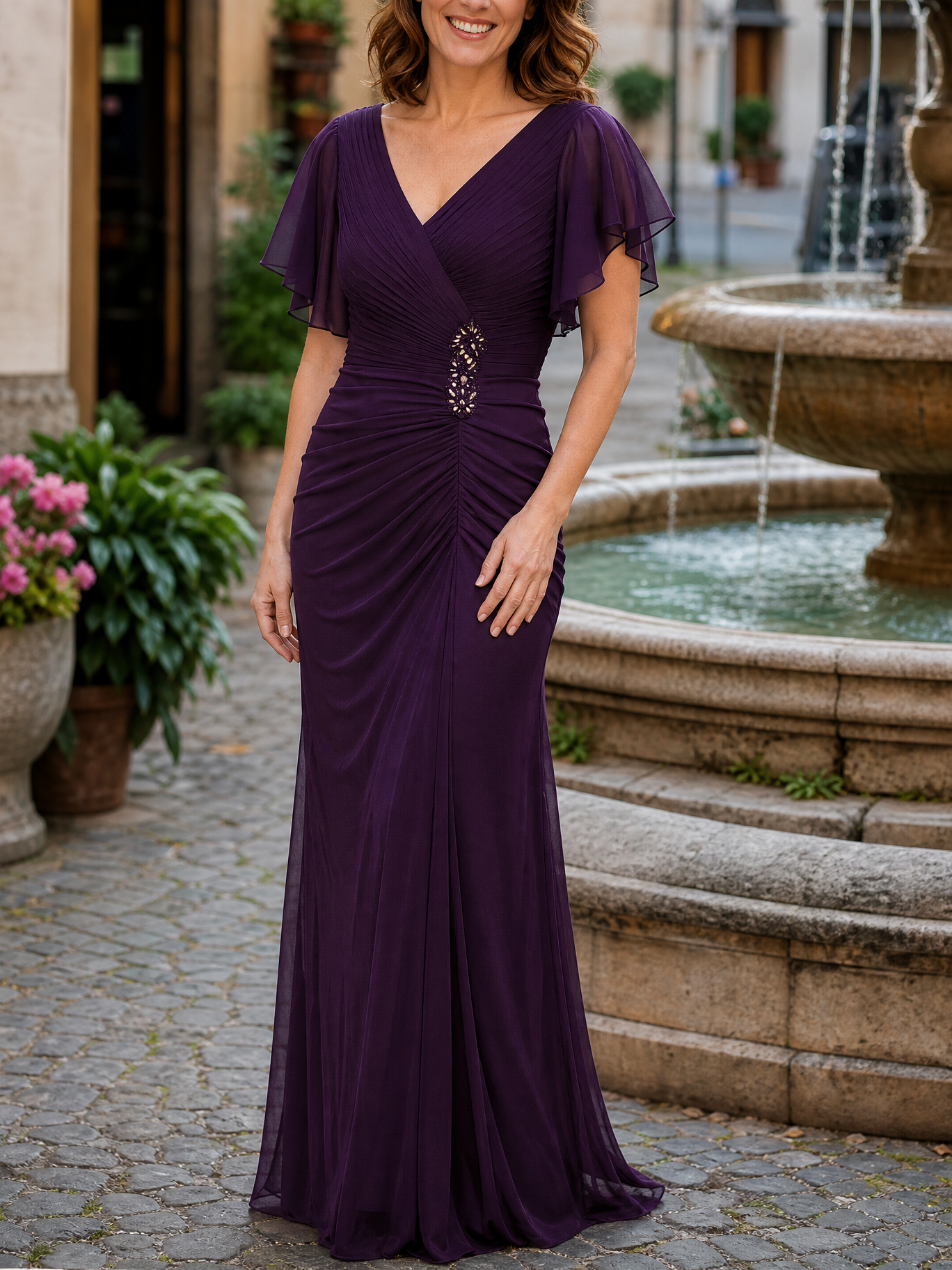 Purple V-Neck Flutter Sleeve Ruched Chiffon Long Mother of the Bride Dress