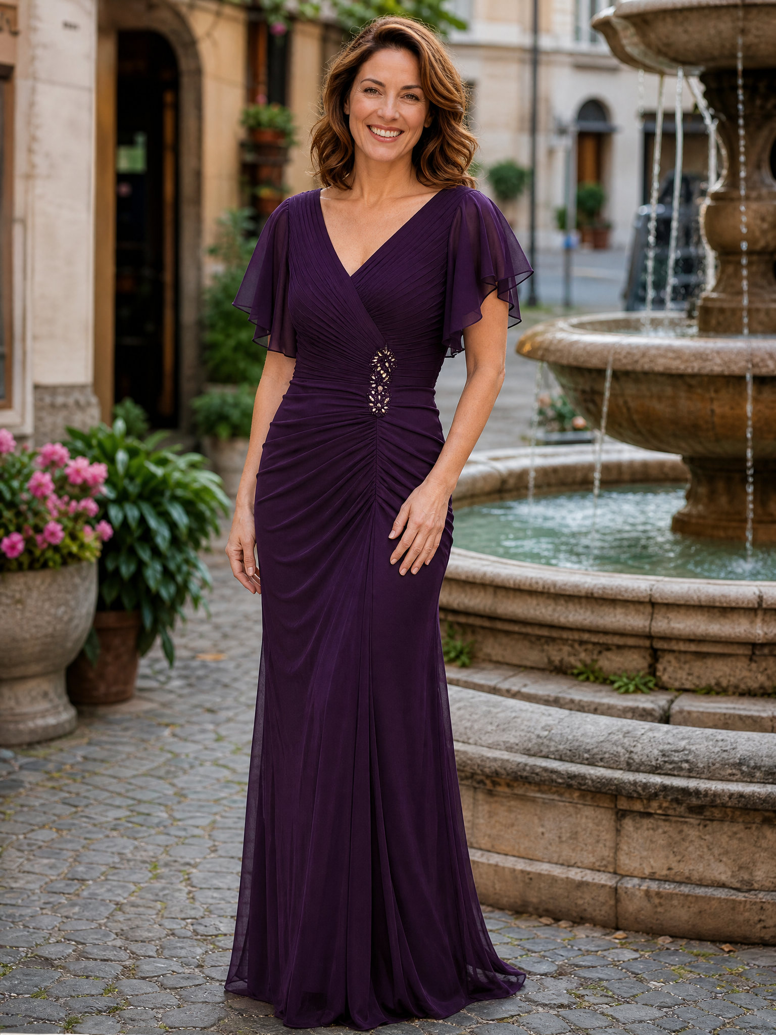 Purple V-Neck Flutter Sleeve Ruched Chiffon Long Mother of the Bride Dress