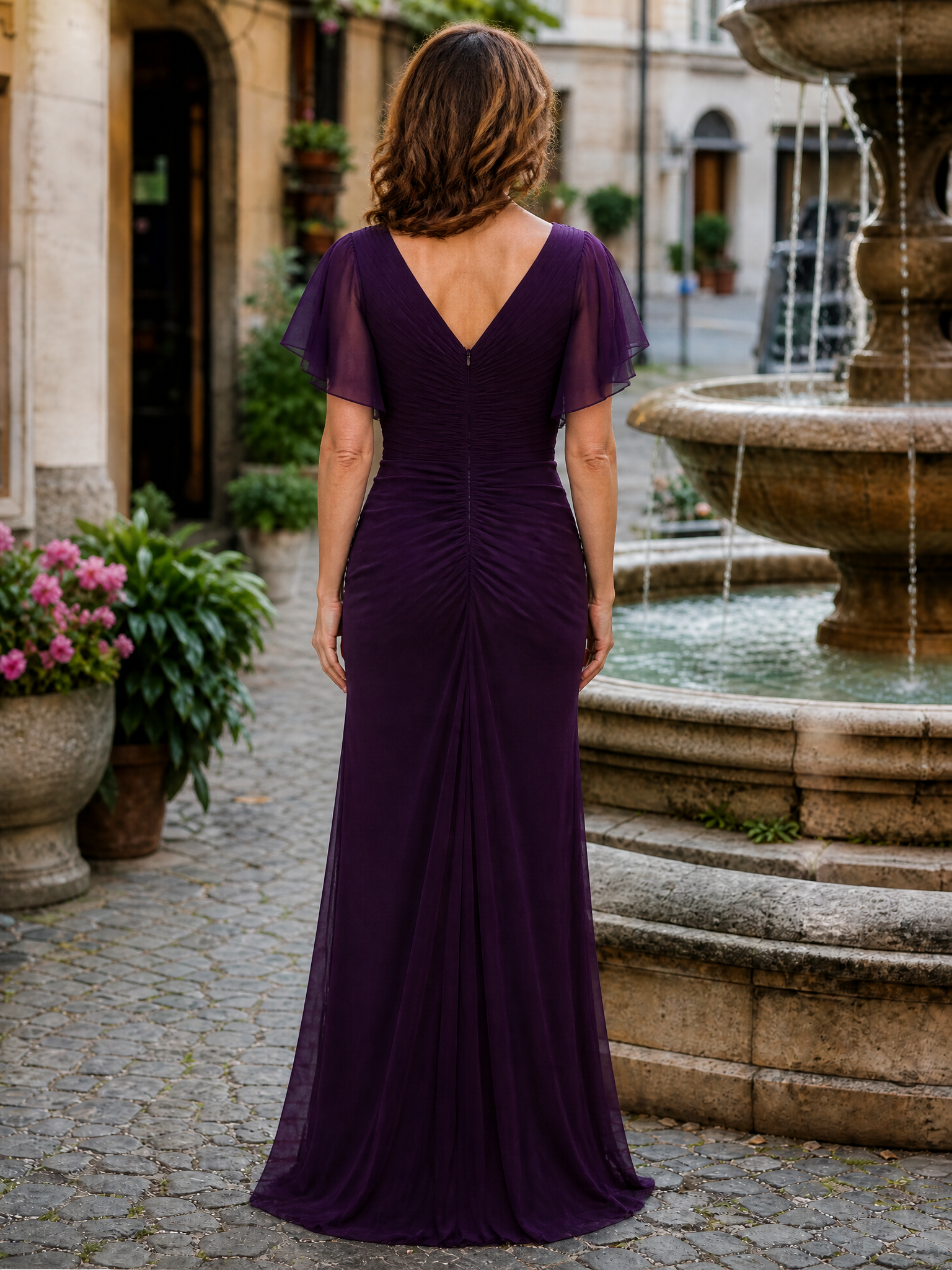 Purple V-Neck Flutter Sleeve Ruched Chiffon Long Mother of the Bride Dress
