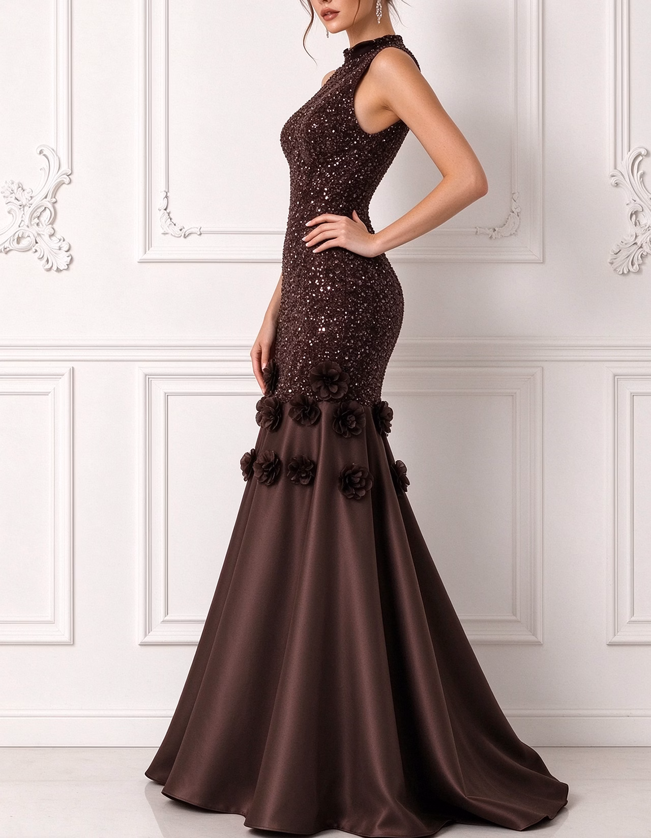 High Neck Sleeveless Sequin 3D Flower Satin Mermaid Maxi Dress