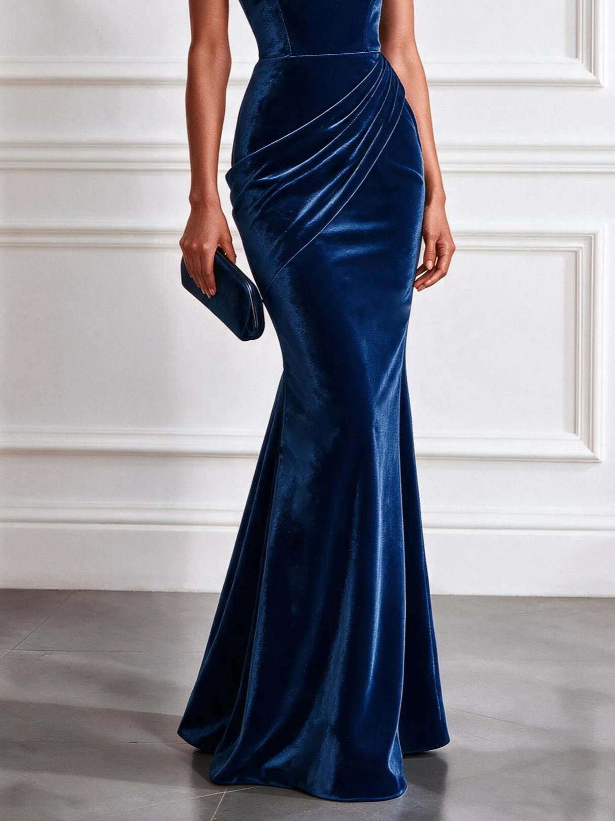 Purplish Blue Ruched Velvet One Shoulder Sleeveless Mermaid Floor-length Gown Dress