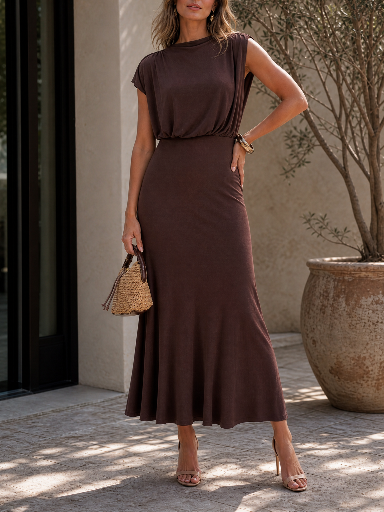 Chocolate Brown Cap Sleeve Blouson Flared Midi Formal Dress