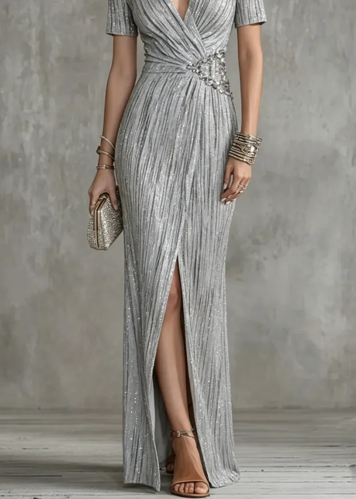 Pleated Glitter Short Sleeve Deep V Split Maxi Dress