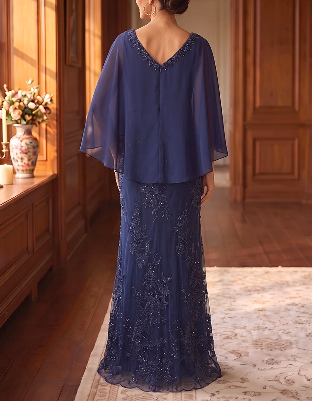 Navy Beaded V-Neck Chiffon Capelet Sleeve Lace Maxi Dress