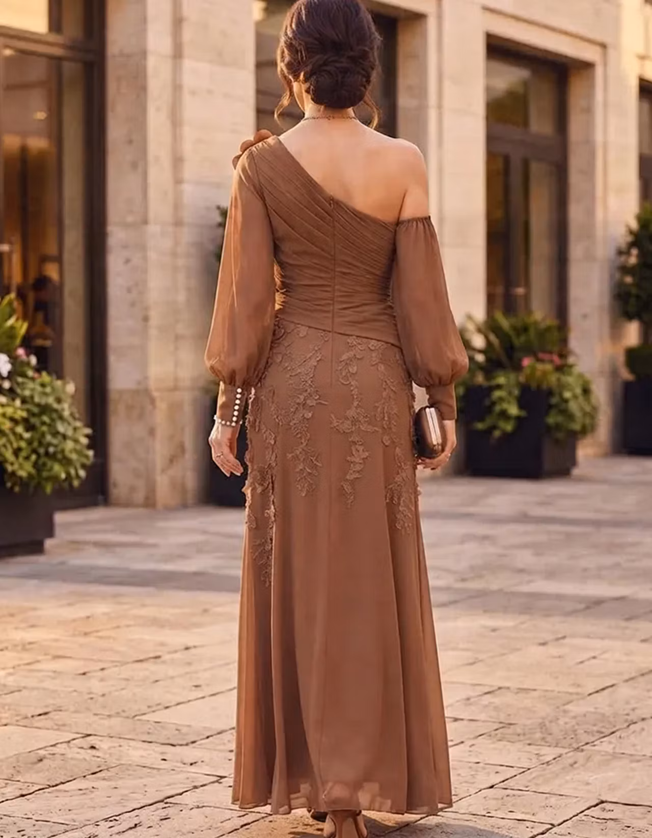 Chiffon One Shoulder Asymmetrical Puff Long Sleeve 3D Floral Maxi Dress