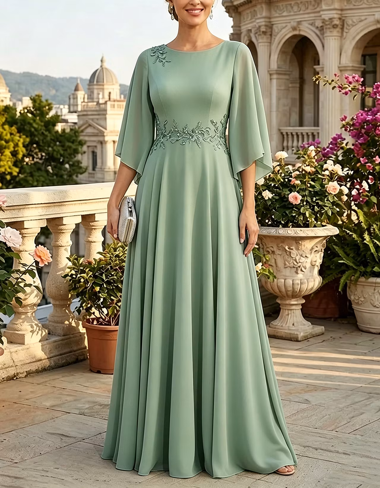 Light Blue Round Neck Chiffon A-Line Maxi Dress