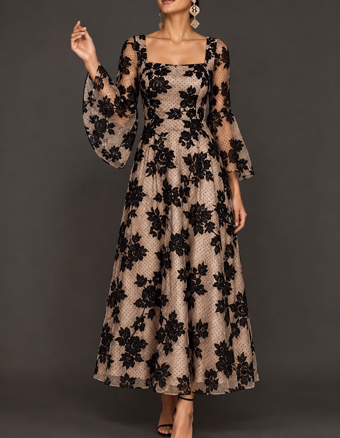 Black Flocked Floral Lace Midi Dress