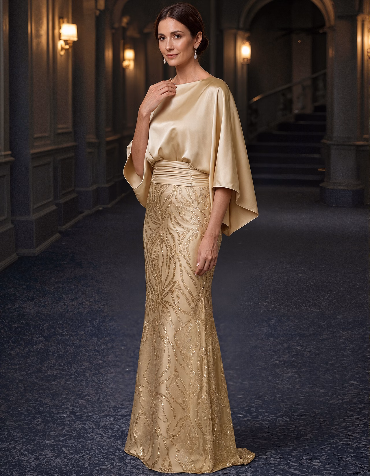 Solid Color Colored Round Neck Sequined Piece Maxi Dress