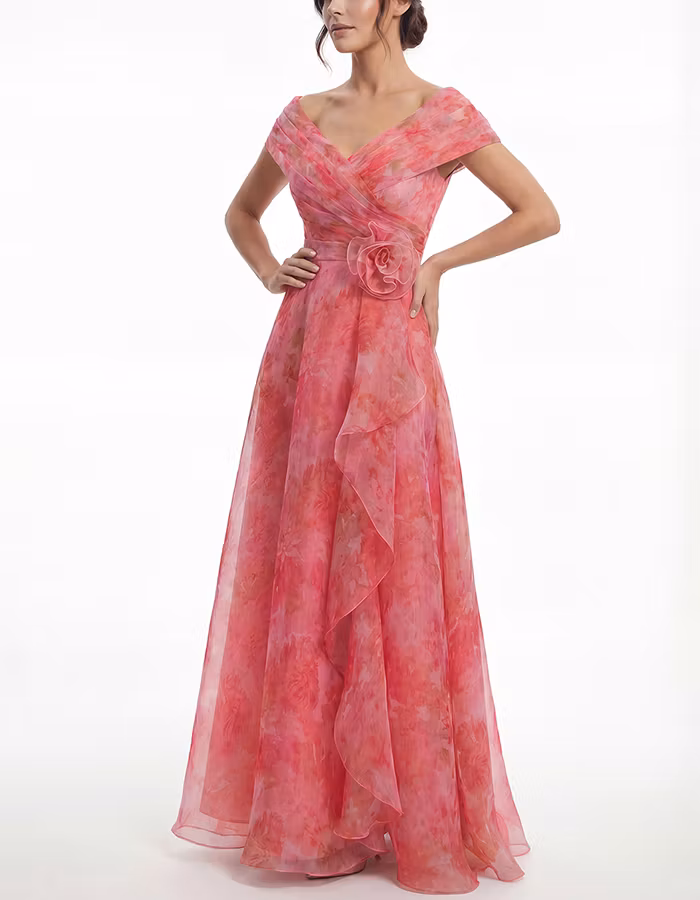 Pink Floral Off Shoulder 3D Rose Ruffle Chiffon Maxi Dress