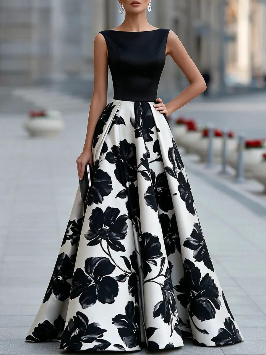Sleeveless Boat Neck Floral Full Skirt Maxi Dress