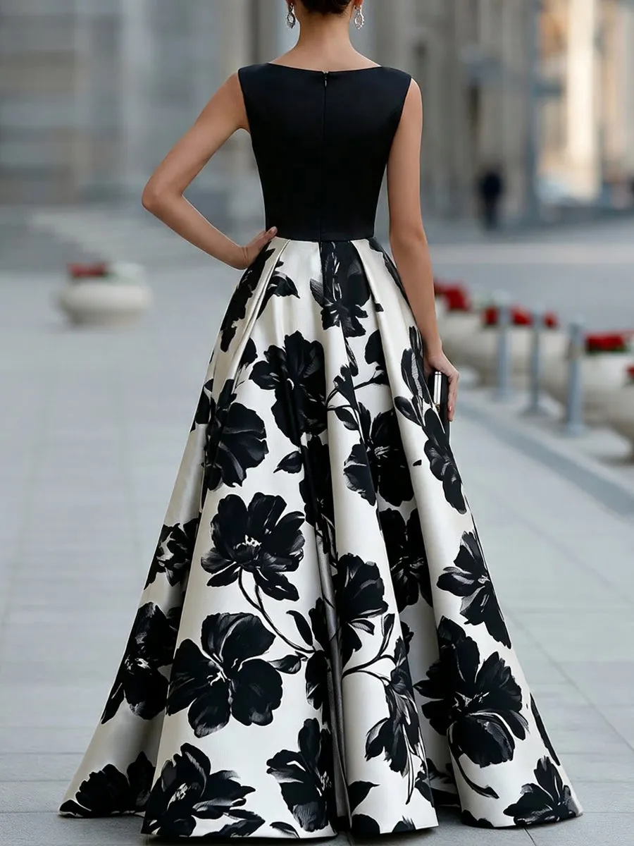 Sleeveless Boat Neck Floral Full Skirt Maxi Dress