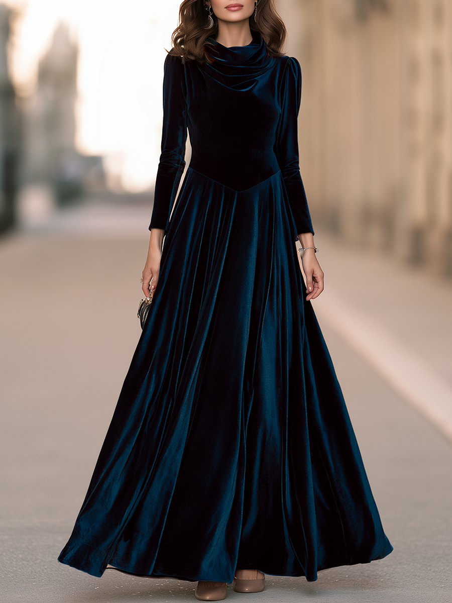   Draped Cowl Neck Long Sleeve Velvet Pointed Waist Fit And Flare Maxi Dress