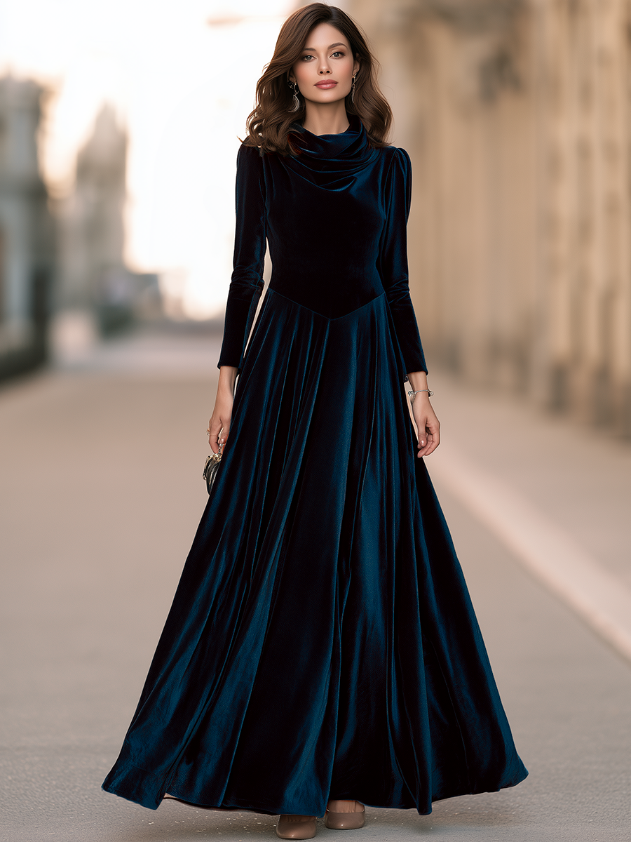   Draped Cowl Neck Long Sleeve Velvet Pointed Waist Fit And Flare Maxi Dress