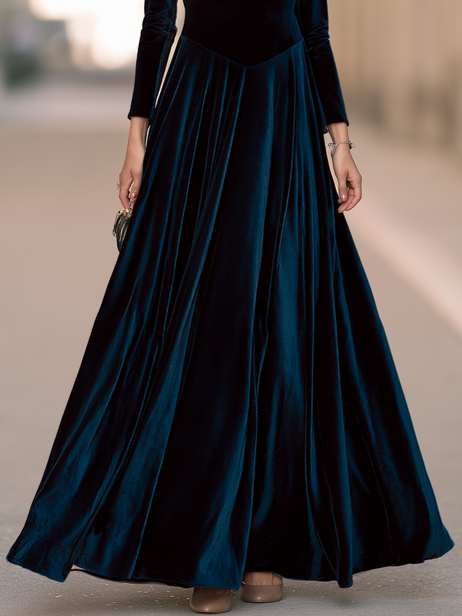   Draped Cowl Neck Long Sleeve Velvet Pointed Waist Fit And Flare Maxi Dress