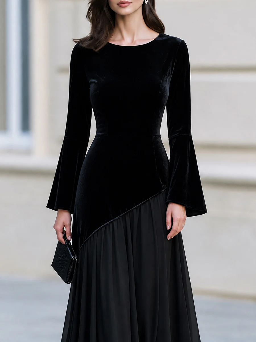 Black Velvet Bell Sleeve Chiffon Asymmetric Hem Maxi Evening Dress