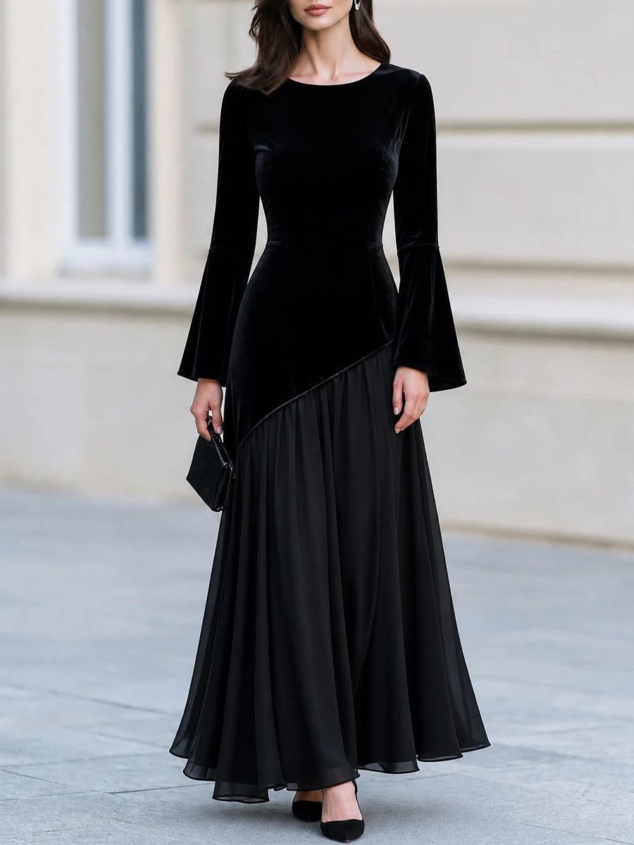 Black Velvet Bell Sleeve Chiffon Asymmetric Hem Maxi Evening Dress
