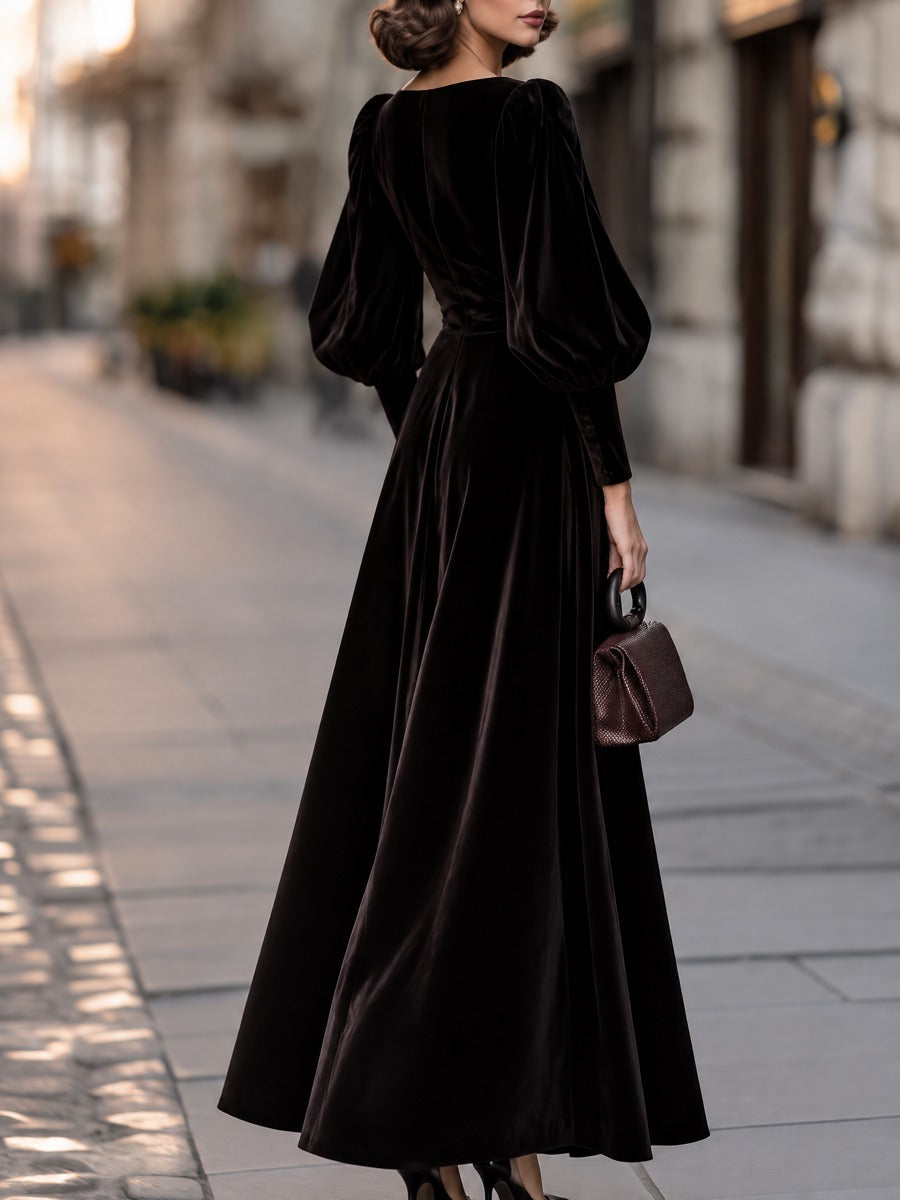 Floral Appliqué Boat-Neck Puff-Sleeve Velvet Maxi Dress