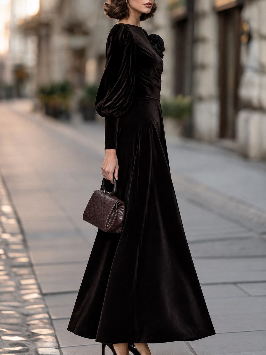 Floral Appliqué Boat-Neck Puff-Sleeve Velvet Maxi Dress