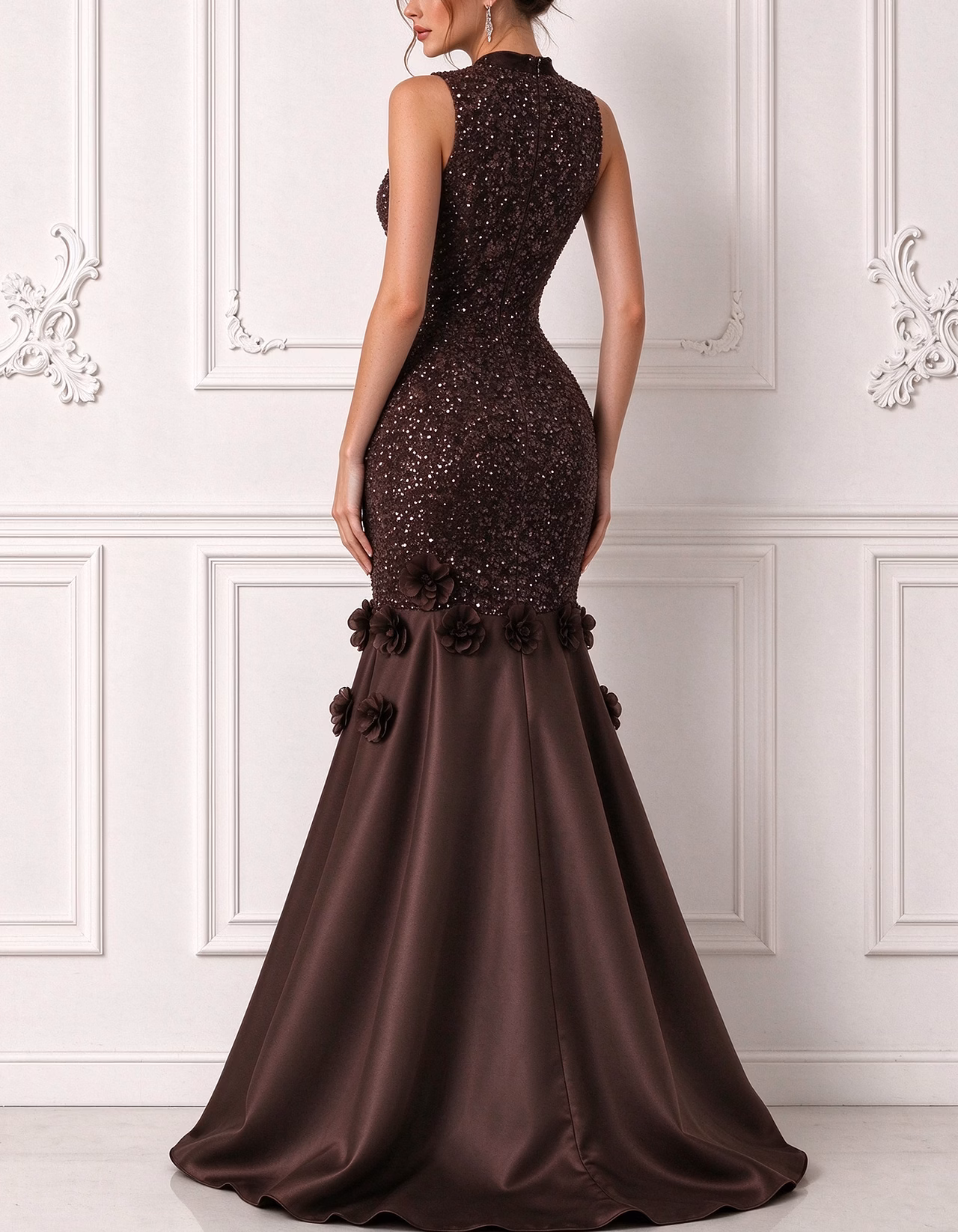 High Neck Sleeveless Sequin 3D Flower Satin Mermaid Maxi Dress