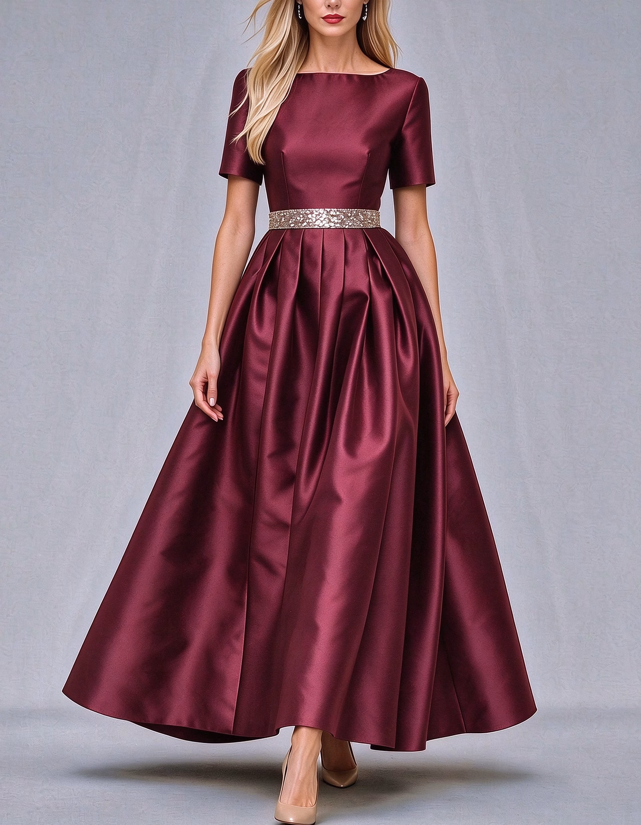 Boat Neck Short Sleeve Satin Maxi Dress