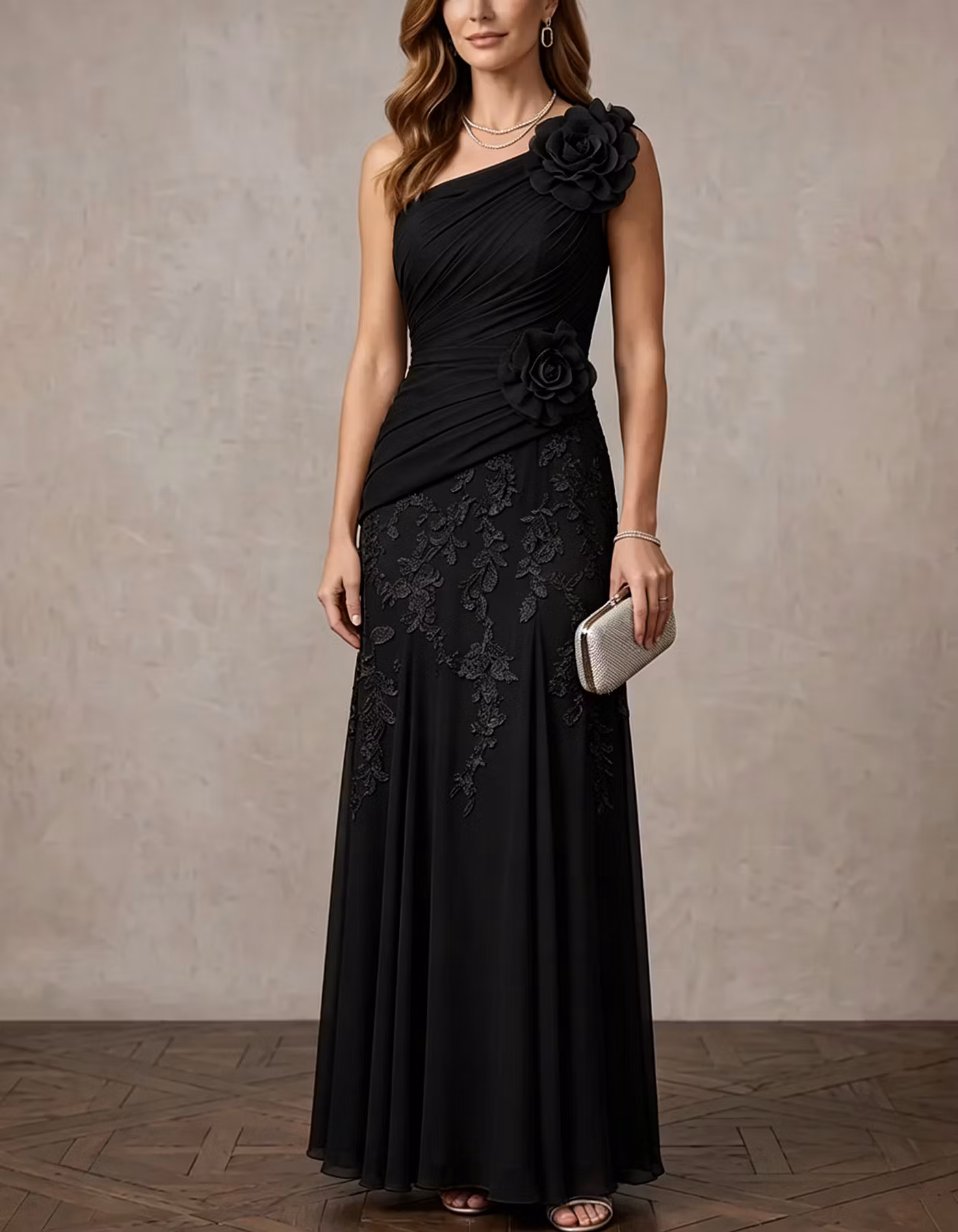 Chiffon One Shoulder Diagonal Ruched Bodice 3D Rose Maxi Dress