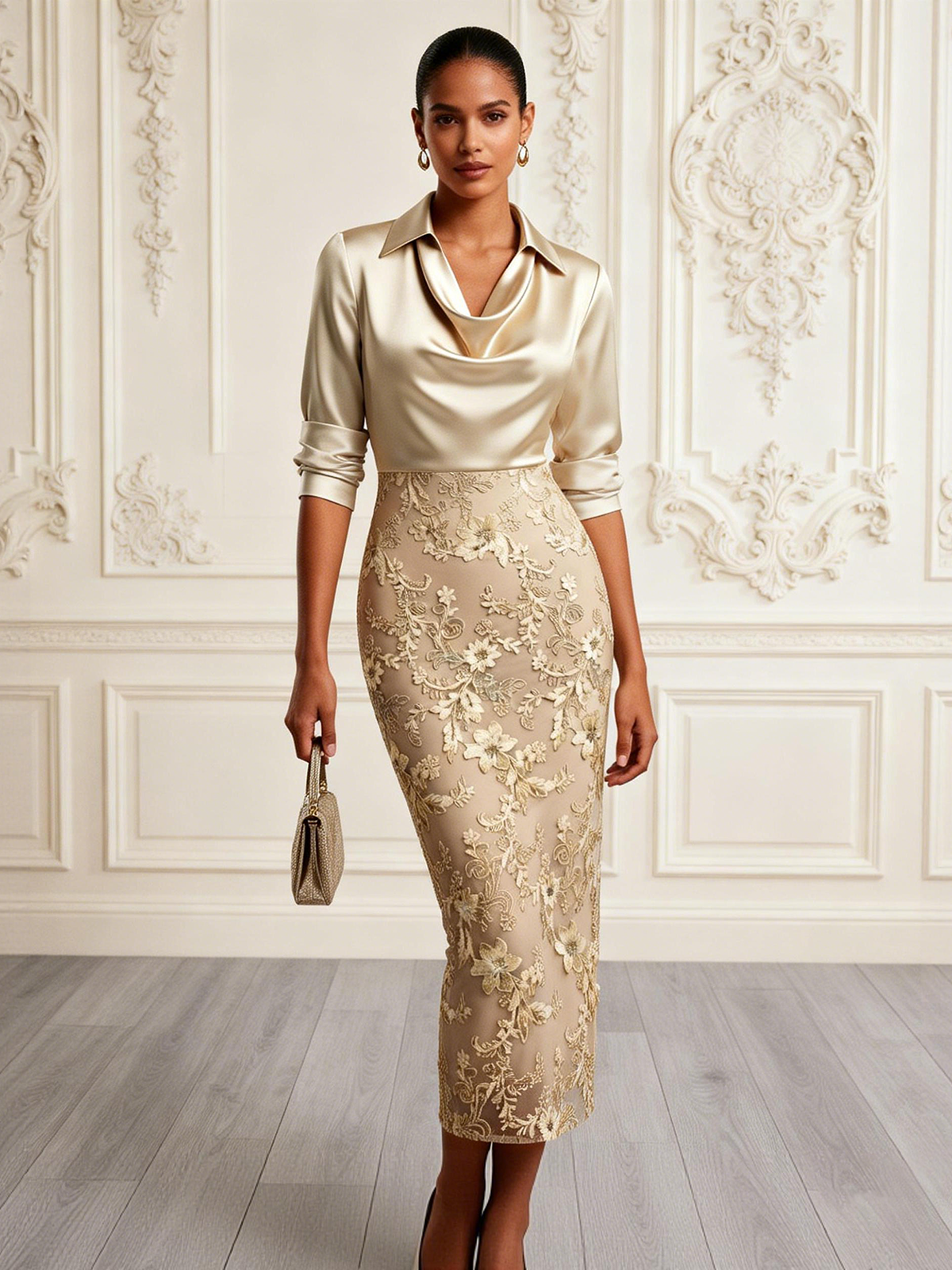Champagne Lace Lace Cowl Neck Long Sleeve Sheath Midi Dress
