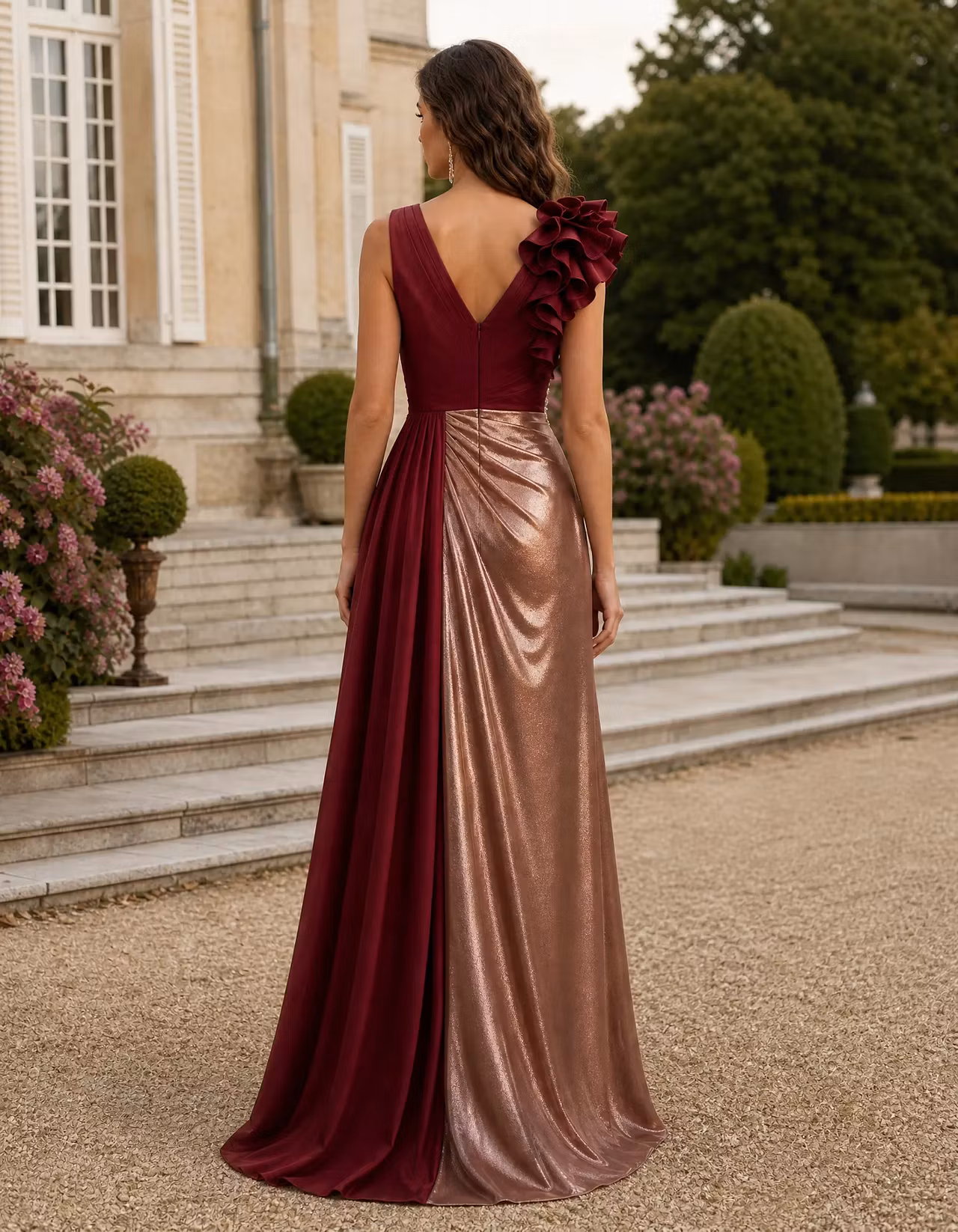 Burgundy Color Block Satin V-Neck Sleeveless Maxi Dress