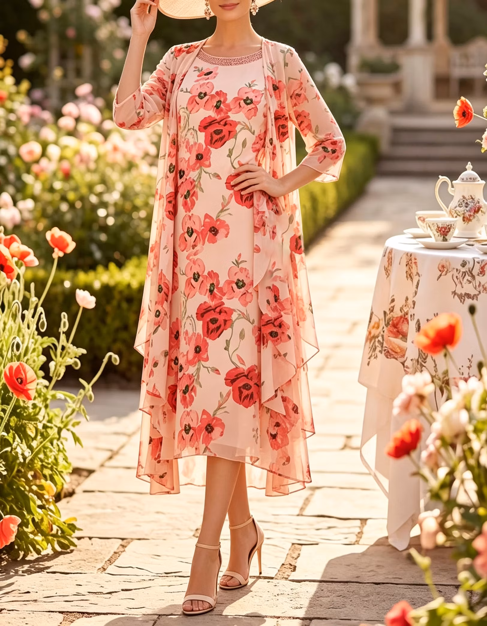 Chiffon Floral Print Round Neck Sleeveless A-Line Midi Dress + Jacket 2 Piece Set