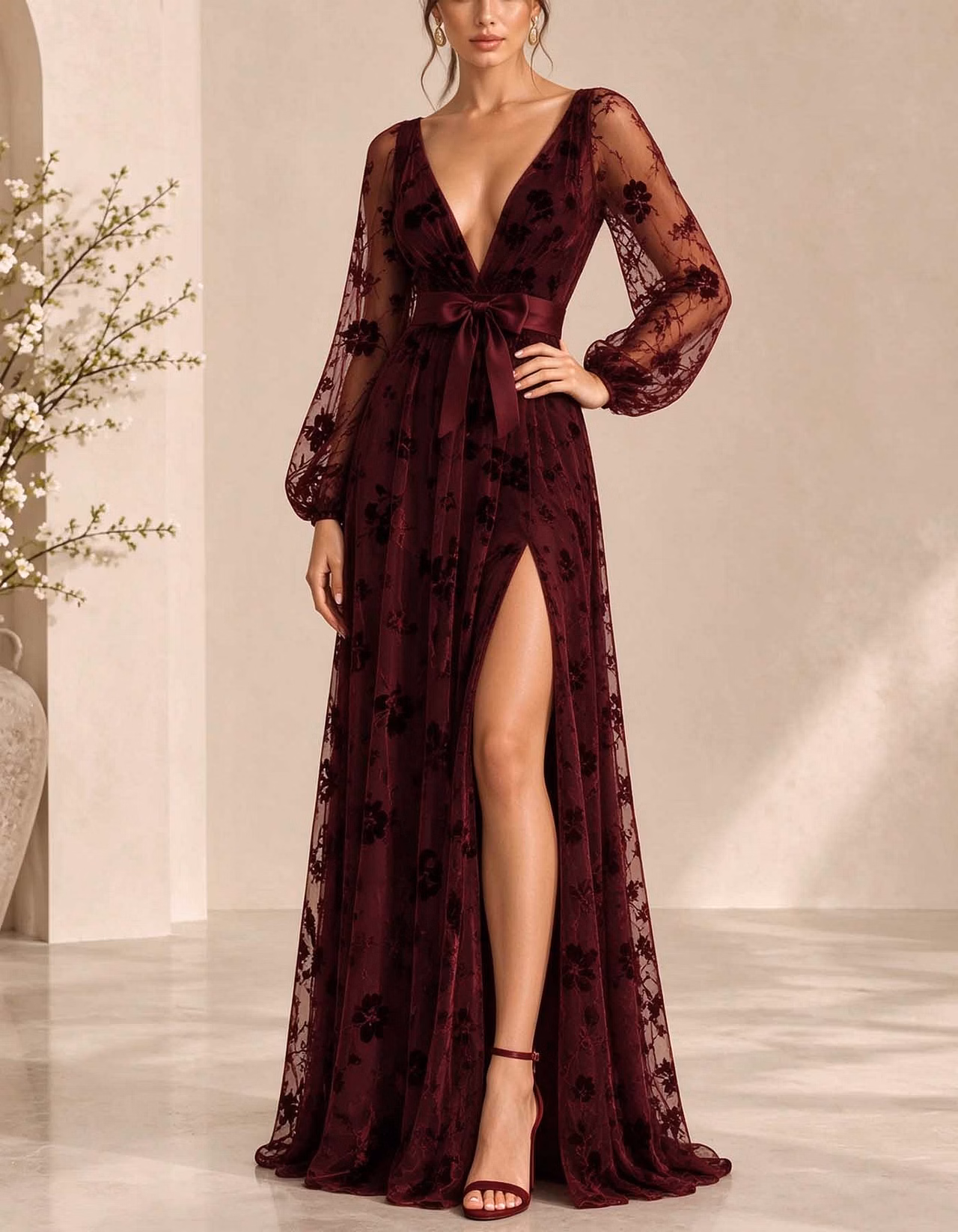 Burgundy Floral Tulle V-Neck Puff Sleeve Slit Maxi Dress