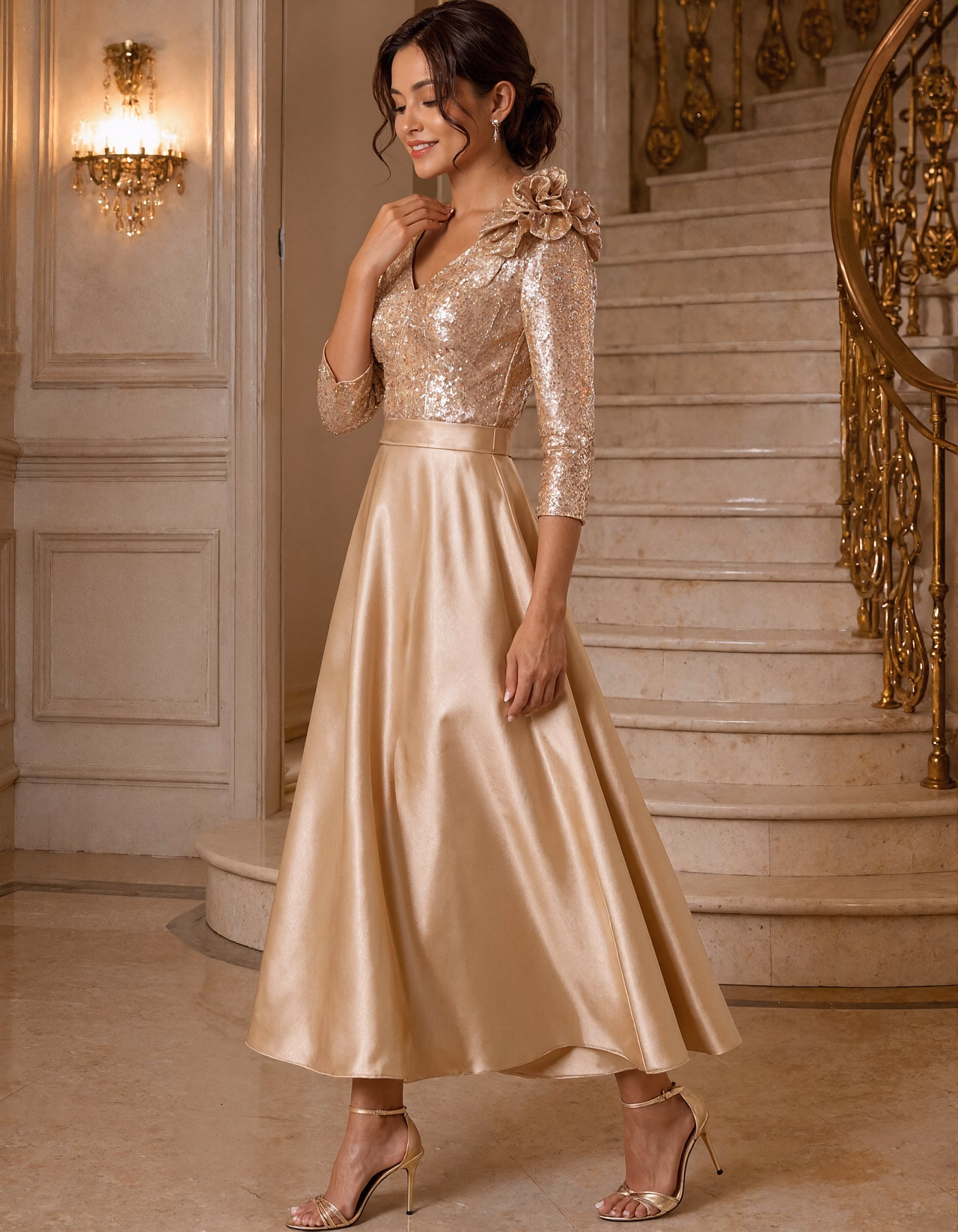 Solid Color V-Neck With Sequins Midi Dress