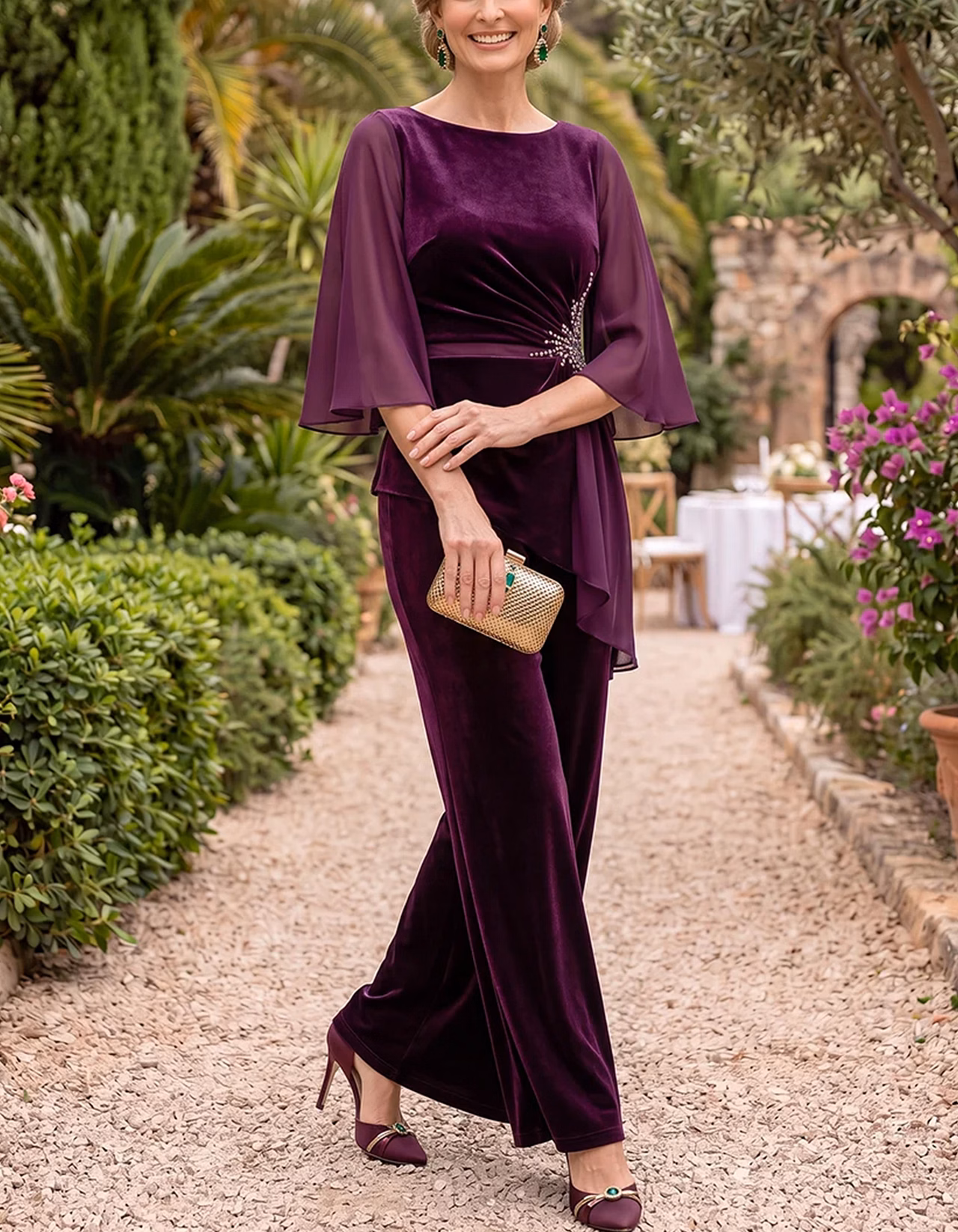 Deep Purple Velvet Chiffon Boat Neck Flare Sleeve Two‑Piece Suit