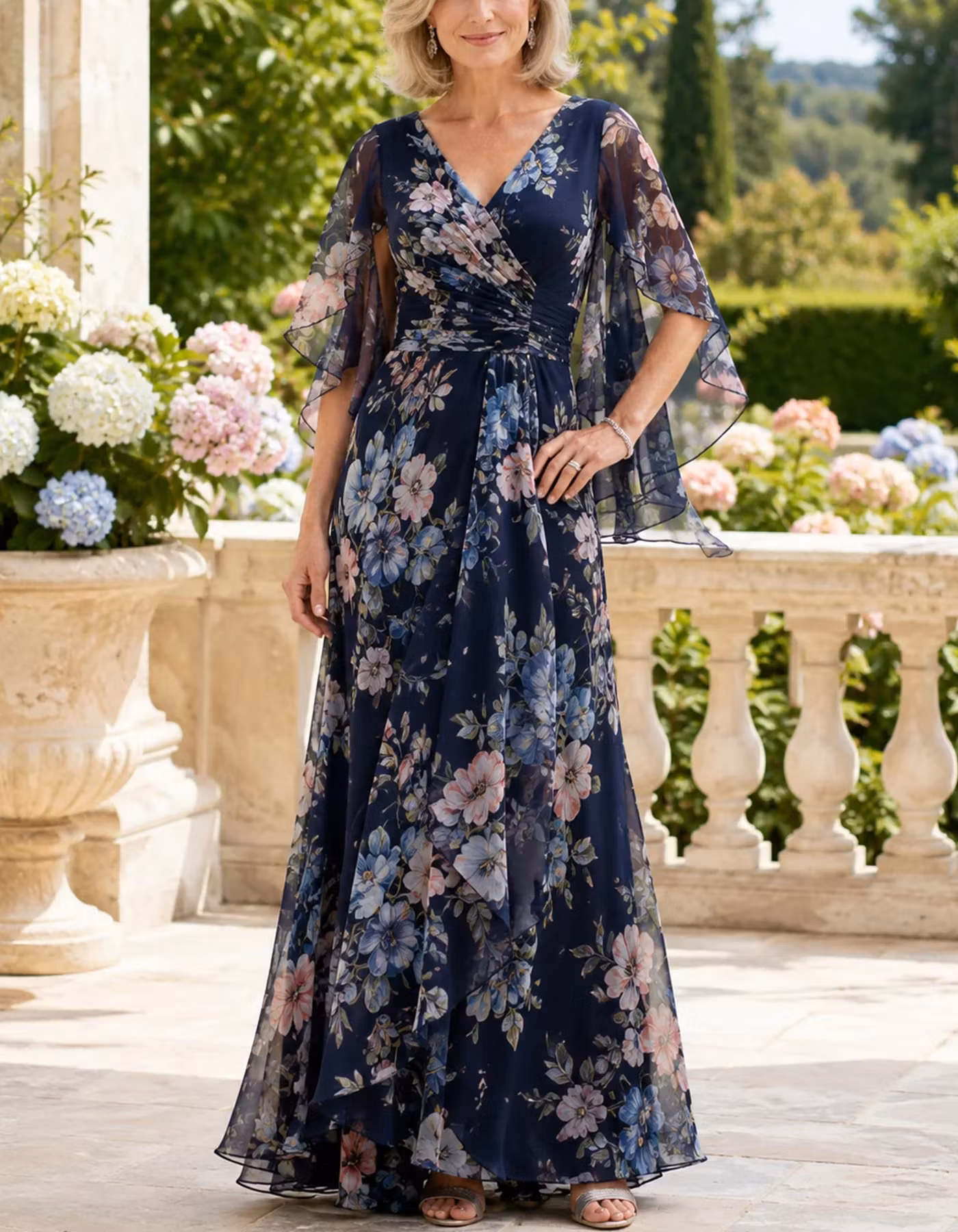 Navy Blue Floral Print Wrap Ruffle High Low Chiffon Maxi Dress