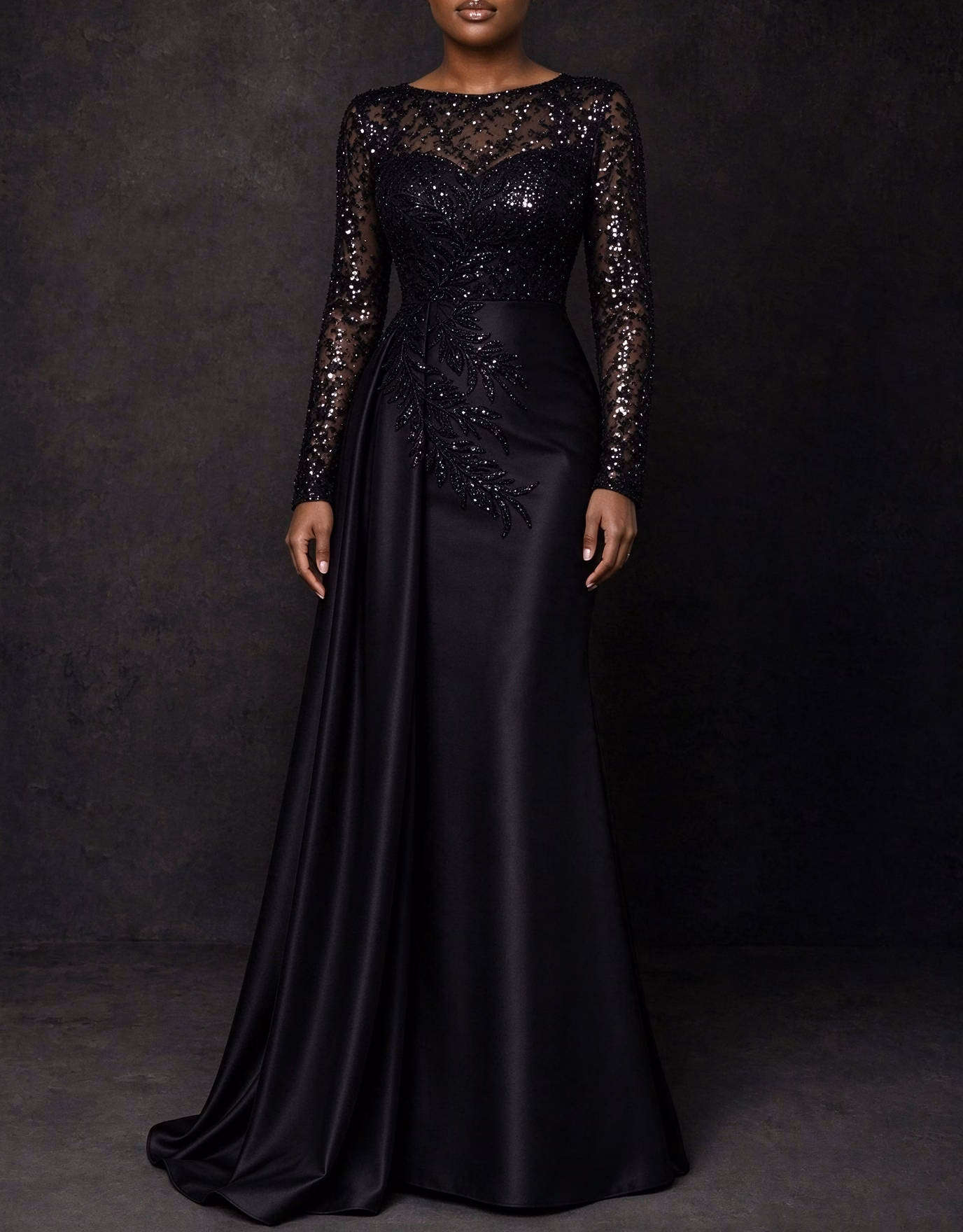 Round Neck Sequin Mesh Long Sleeve Satin Mermaid Evening Maxi Dress