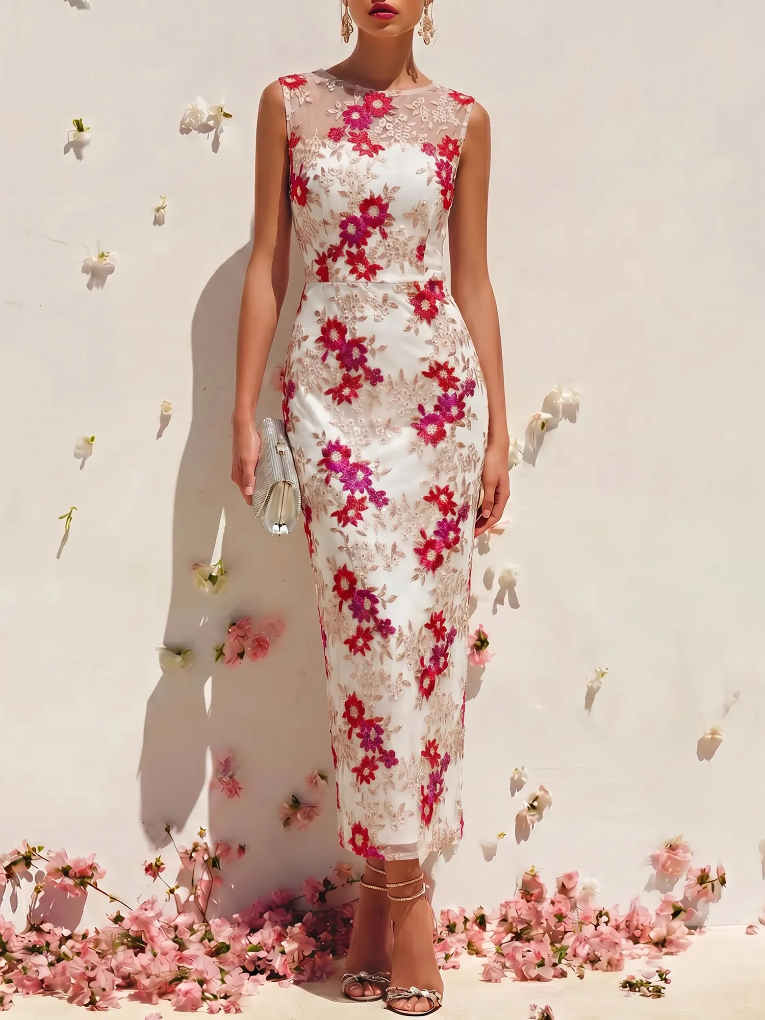 Bateau Neck Floral Lace Sheath Evening Dress with Illusion Yoke