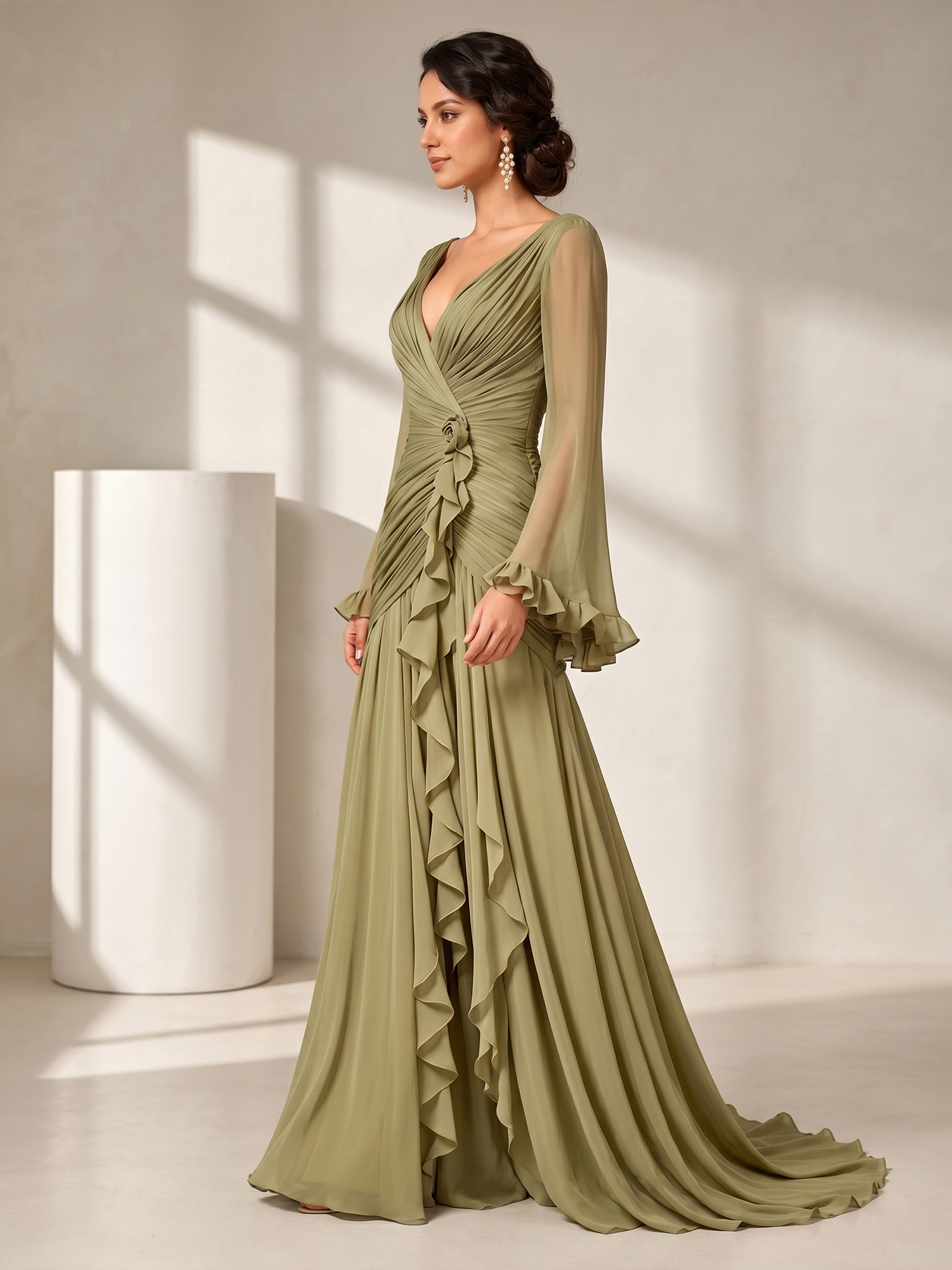 Sophisticated Ruched Chiffon V-Neck Gown with Cascading Ruffles